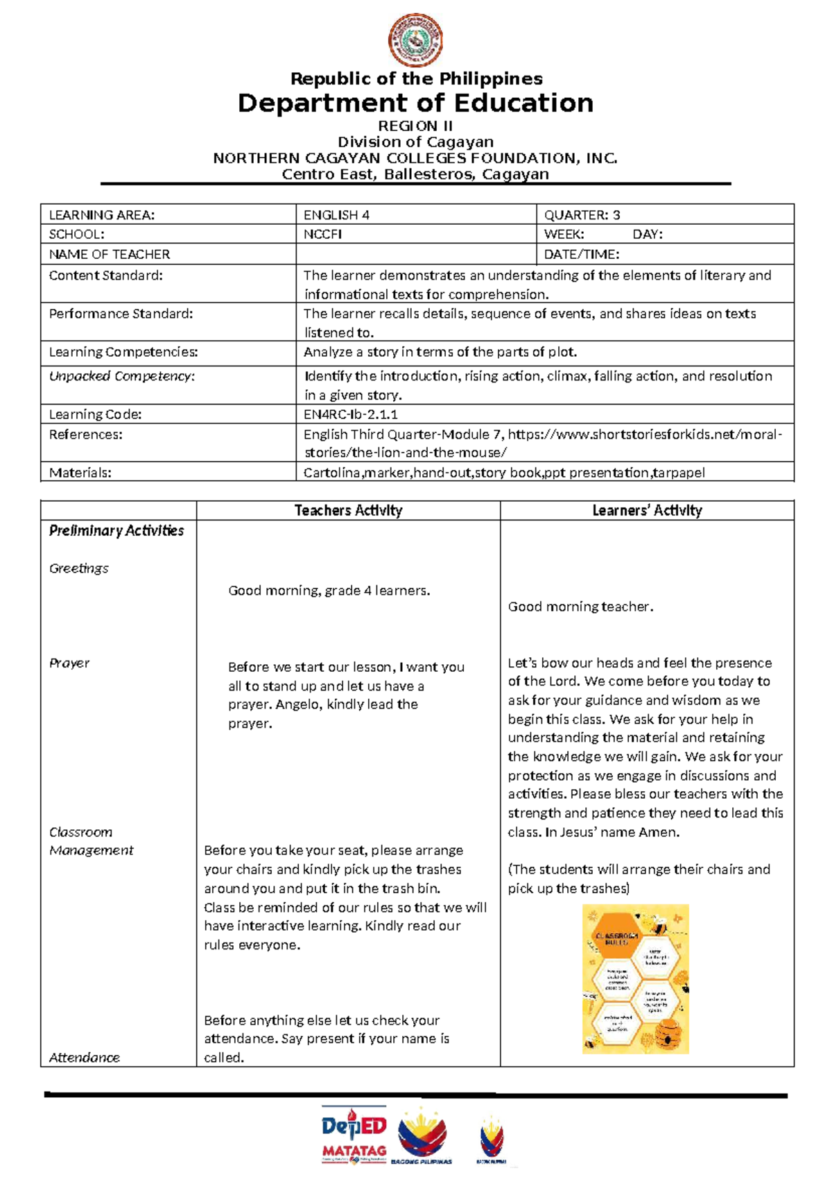 MTB-MLE Lesson Plan for English 4 (Final Exam) - Studocu