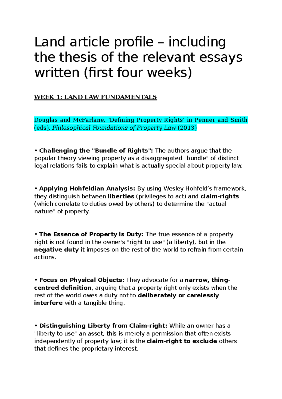 Land Law Article Profile: Key Essays and Theories (WEEK 1-4) - Studocu