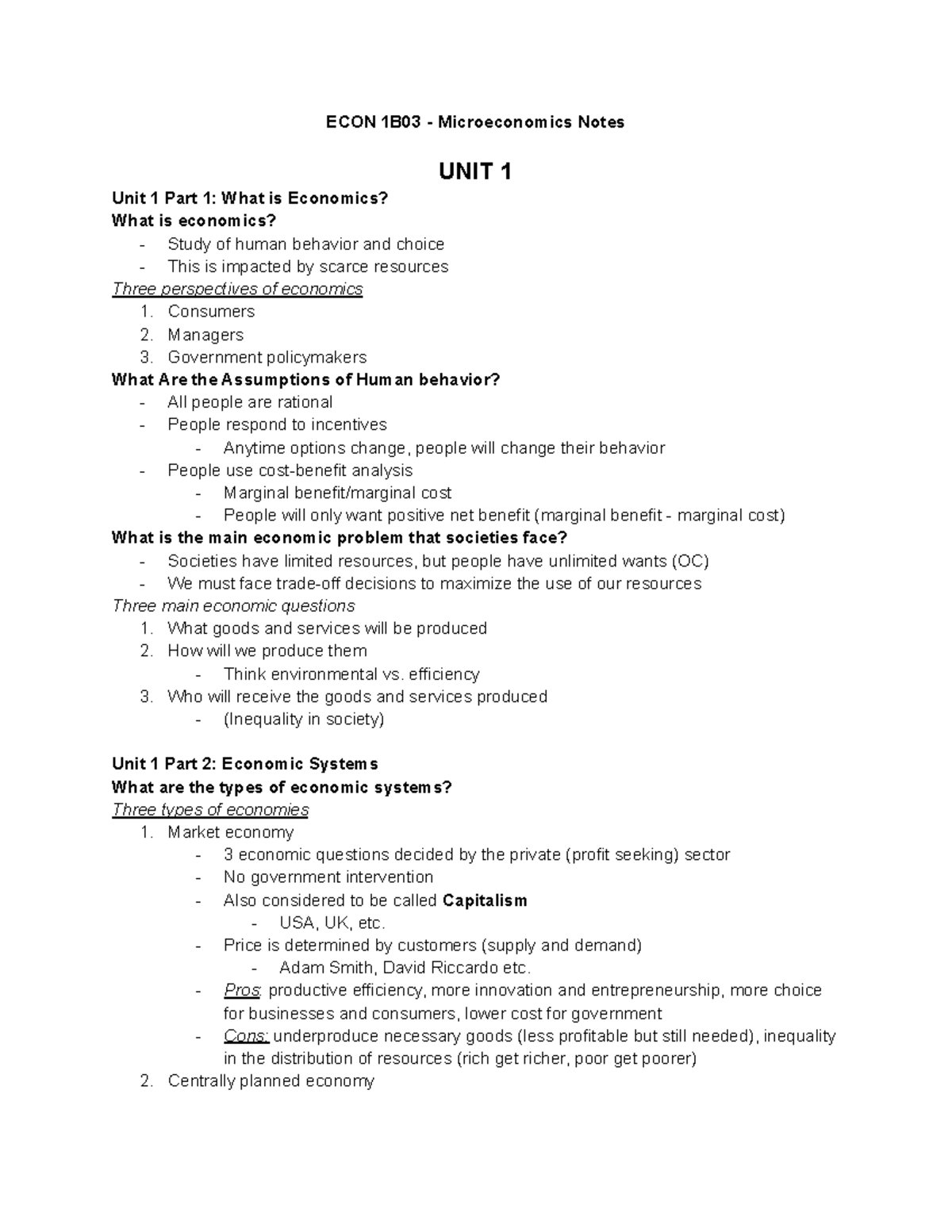 ECON 1B03 Microeconomics Notes: Units 1-6 Overview - Studocu