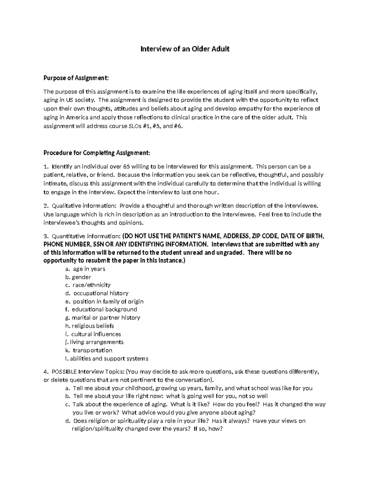 Interview Assignment: Life Experiences of an Older Adult - Studocu