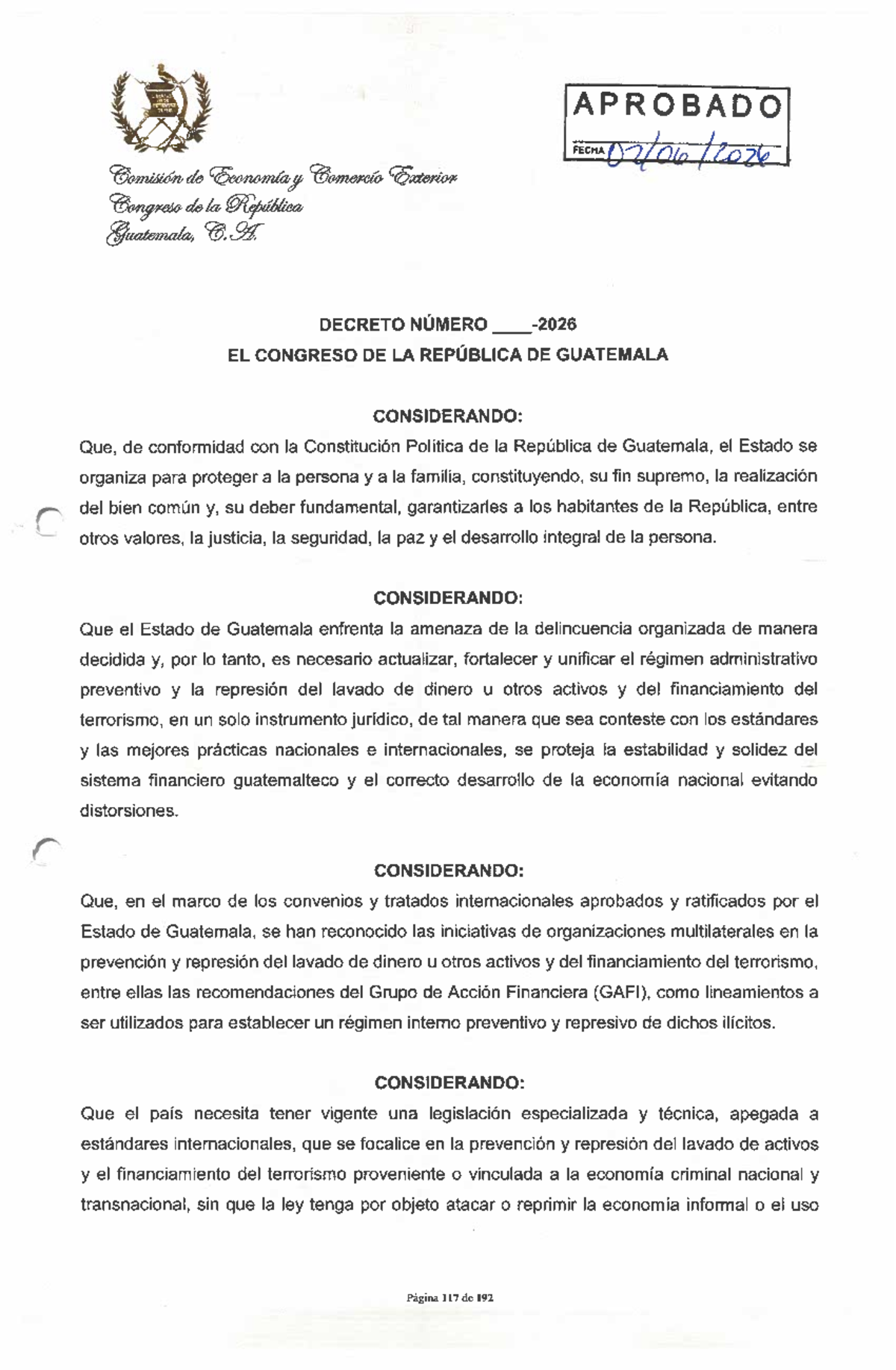 Decreto Número 15-2026: Ley Integral para la Prevención del Lavado de Dinero y - Document Preview