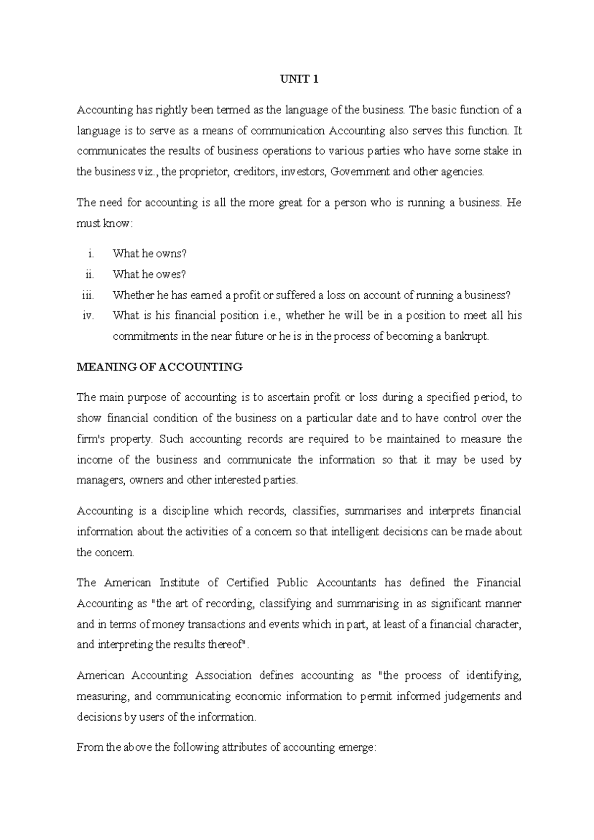 UNIT 1 - Lecture notes - UNIT 1 Accounting has rightly been termed as ...