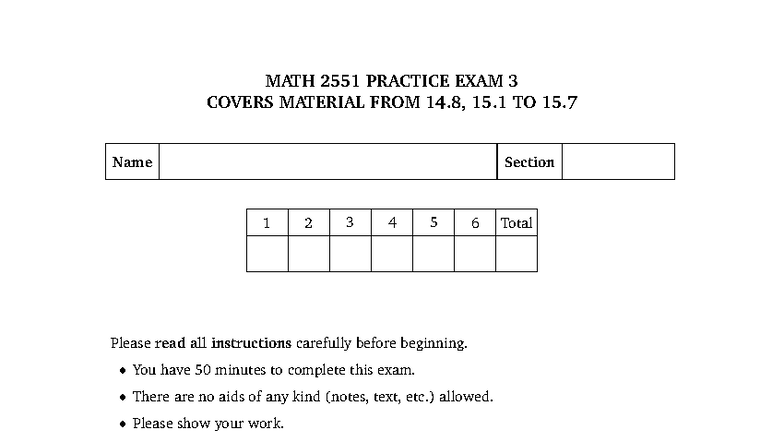 MATH 2551 PRACTICE MIDTERM 3 SAMPLE EXAM 14.8, 15.1-15.7 - Studocu