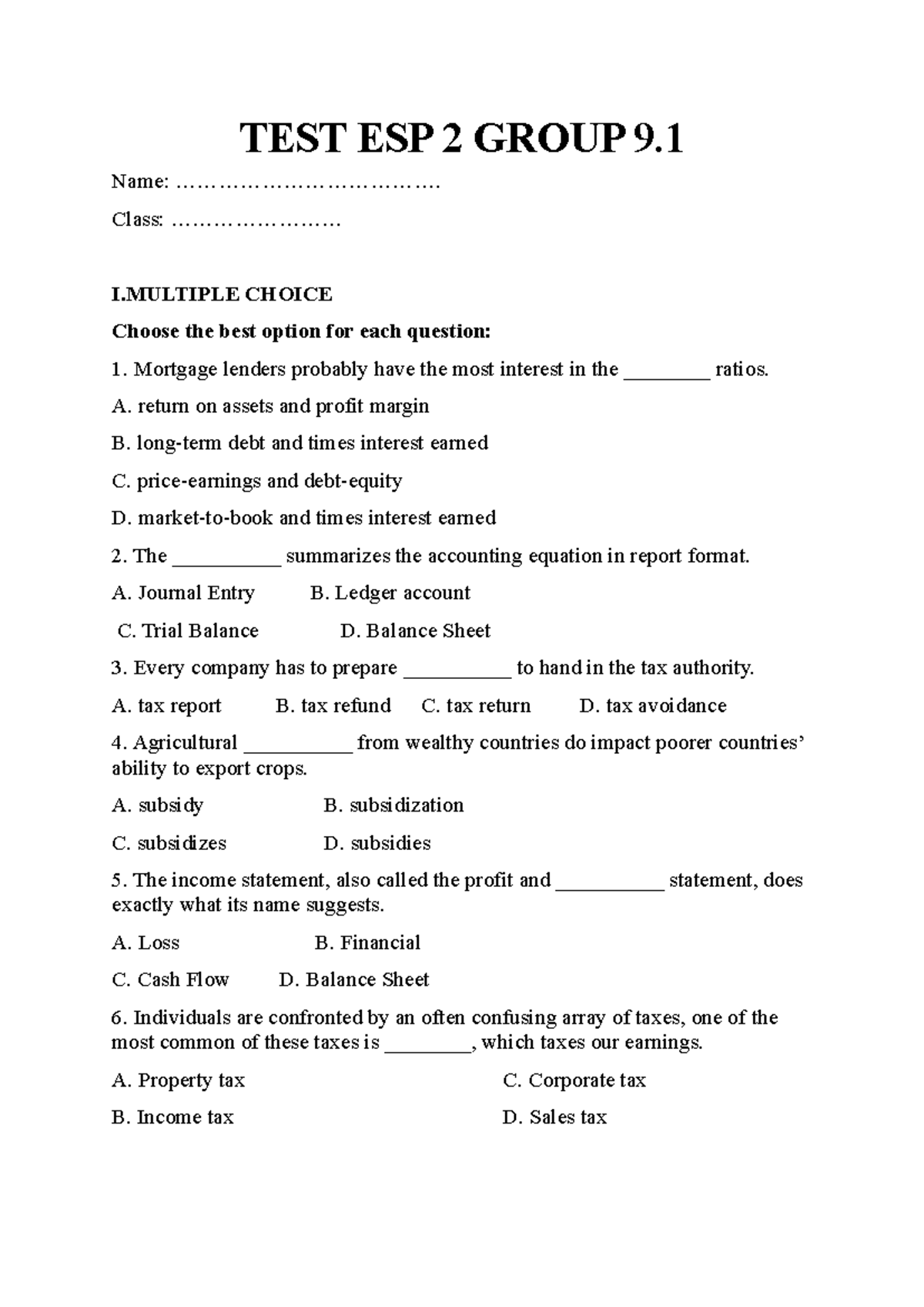 TEST ESP 2 Group 9 - qưewedf - TEST ESP 2 GROUP 9. Name