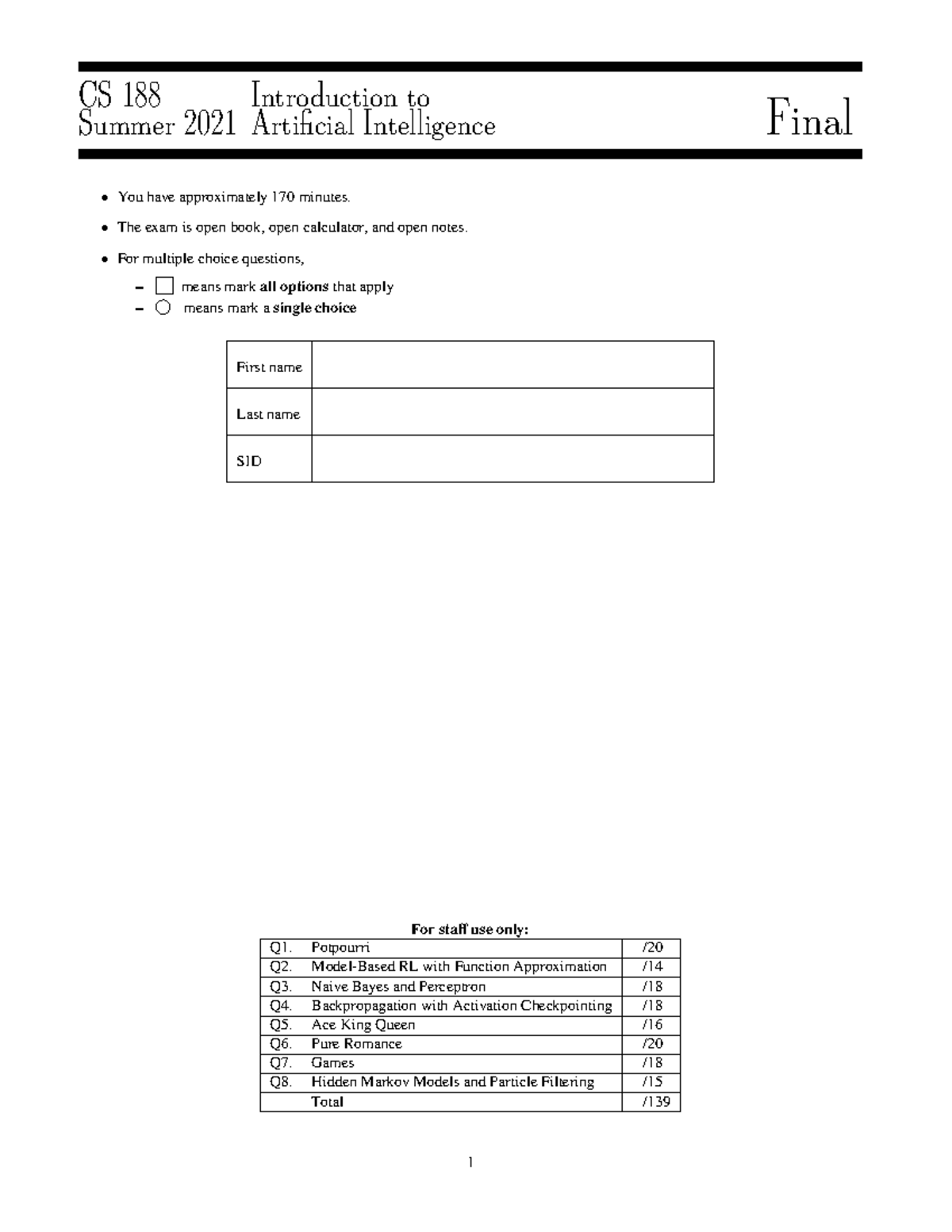 CS 188 Summer 2021 Artificial Intelligence Final Exam Solutions - Studocu