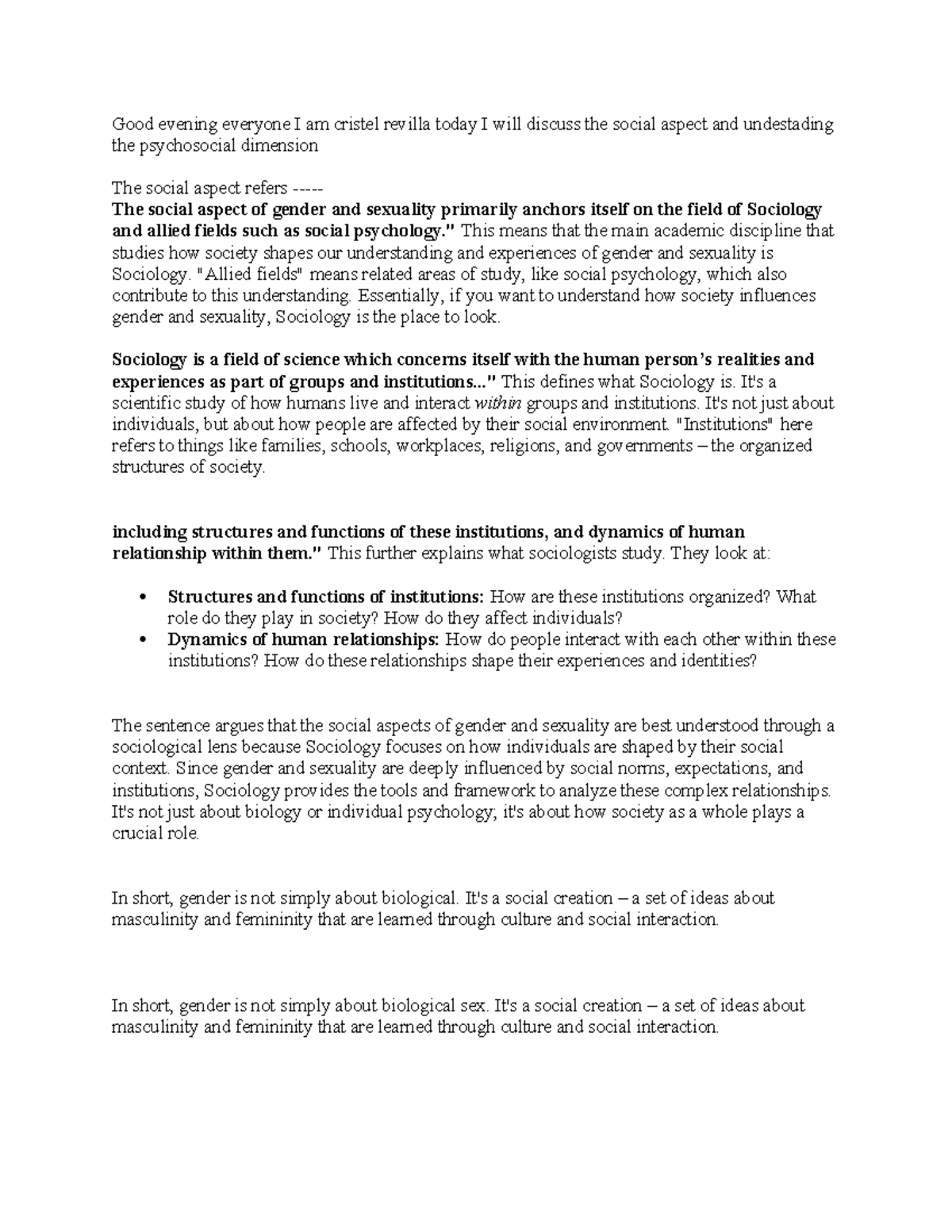 Script report gender society - Good evening everyone I am cristel ...