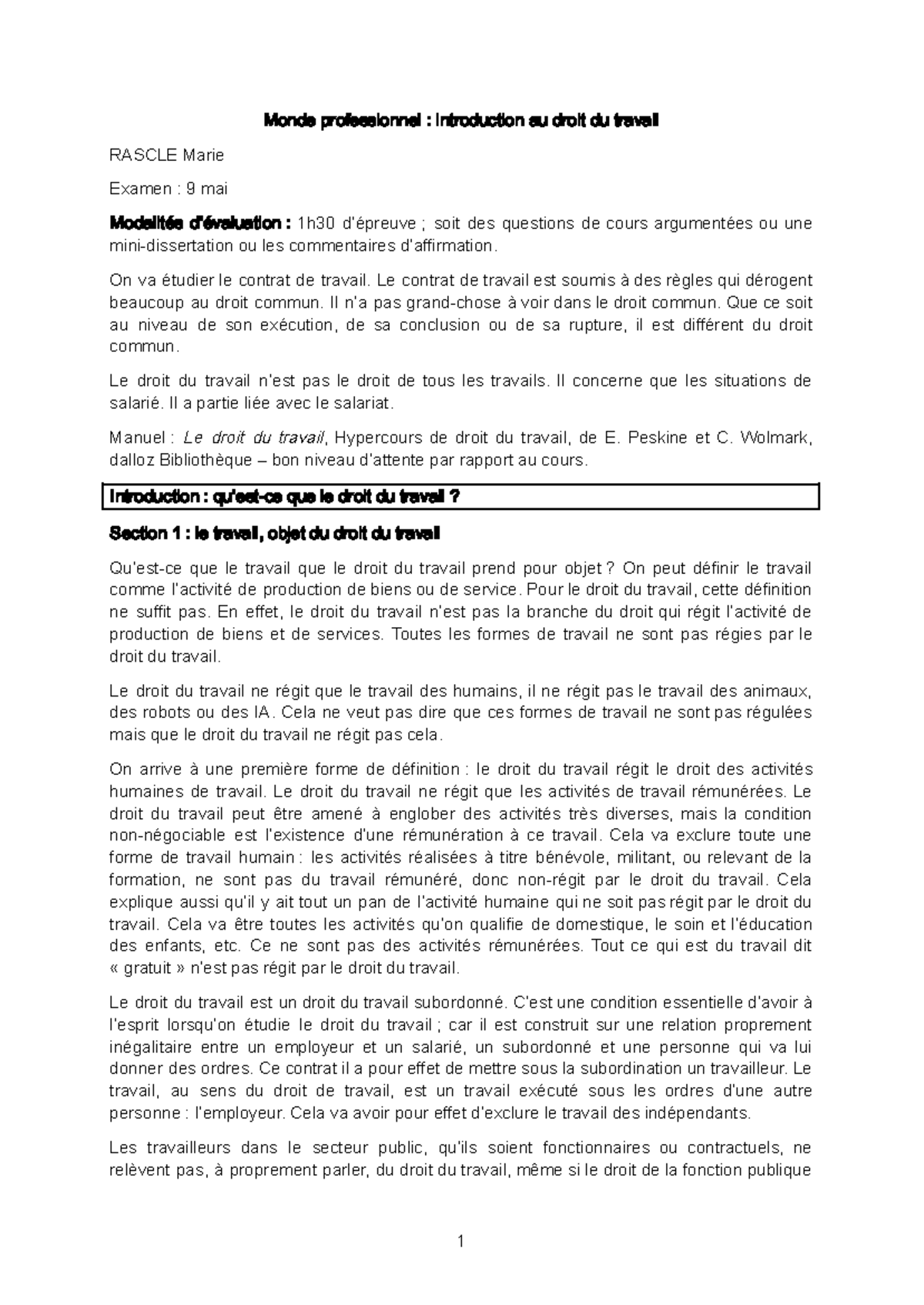 CM - Droit du Travail : Introduction et Concepts Clés pour l'Examen ...