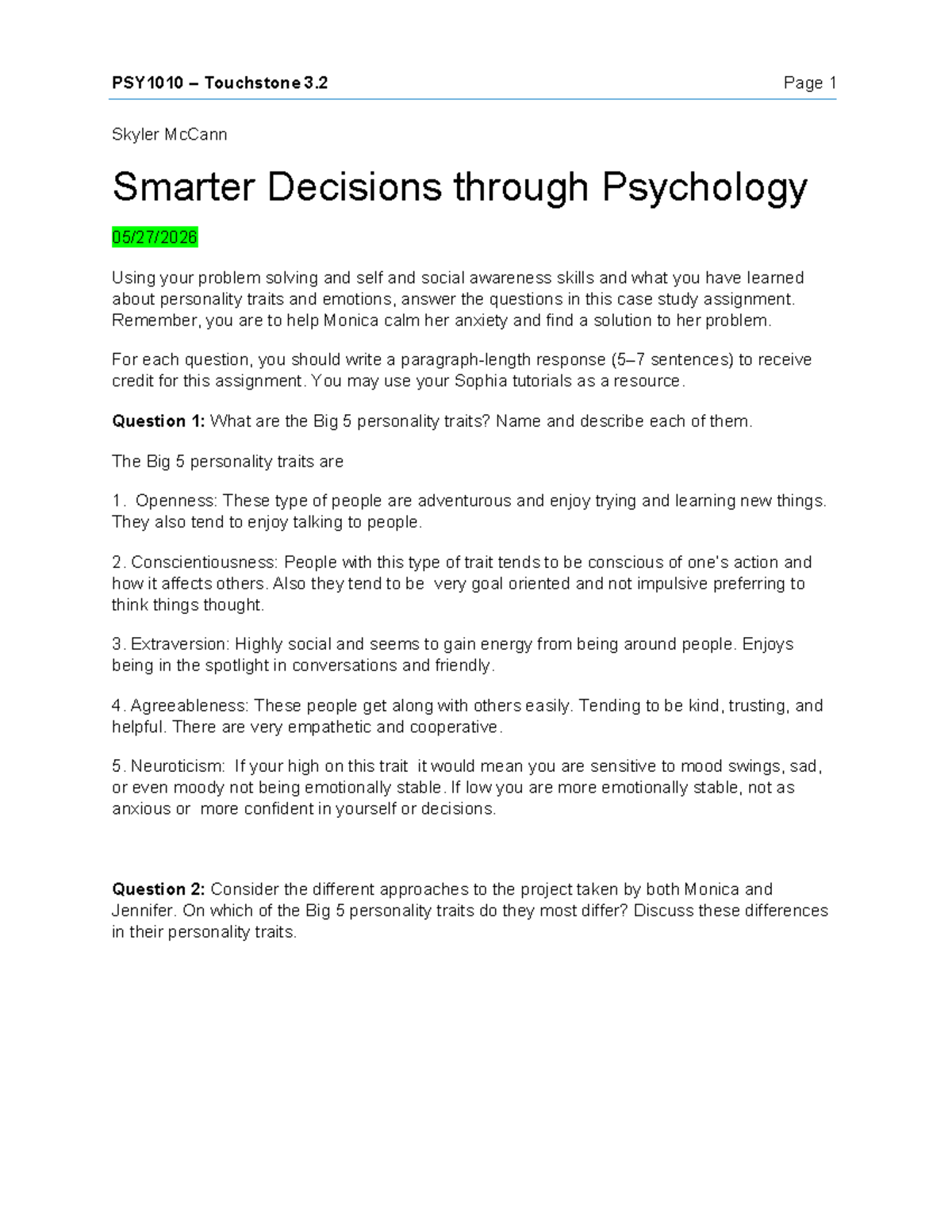 PSY1010 Case Study 2: Analyzing Personality Traits and Solutions - Studocu