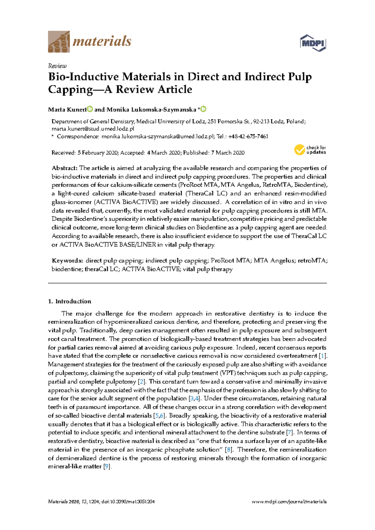 Materials Review: Direct and Indirect Pulp Capping Agents (MATERIALES ...