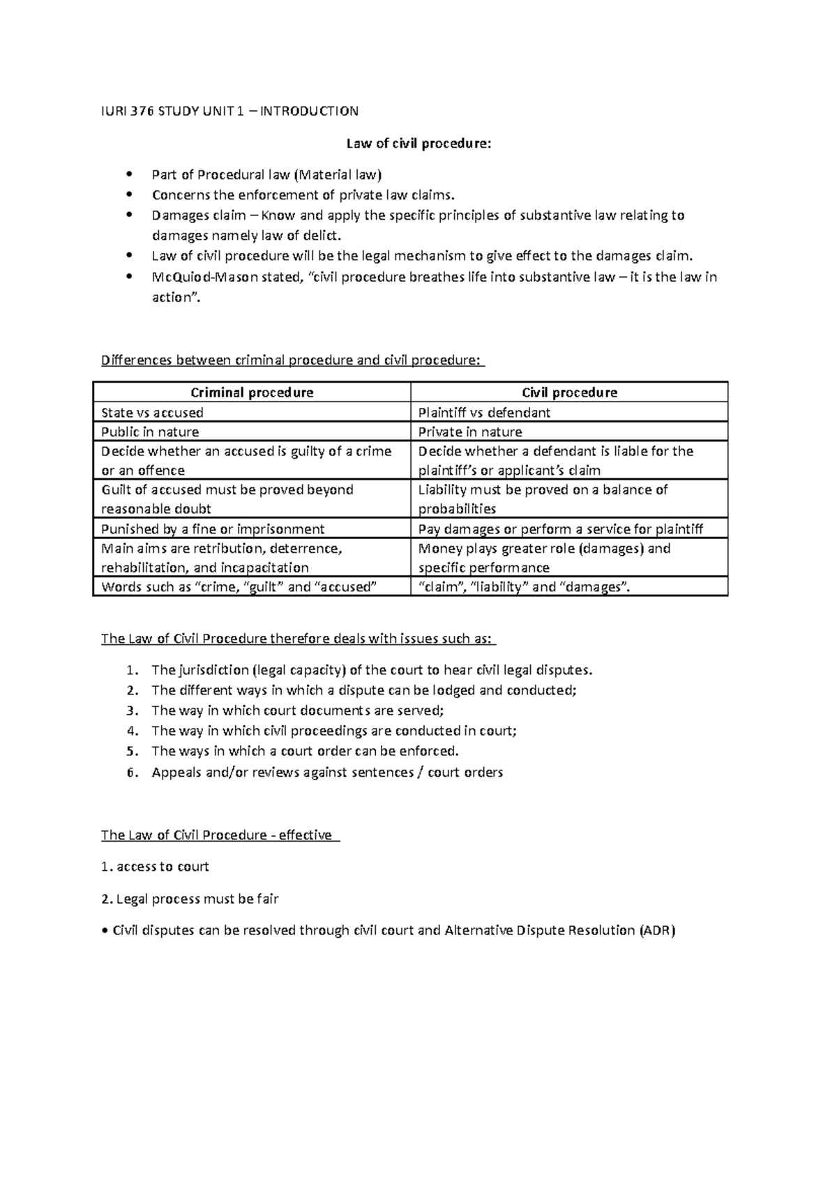 IURI 376 Study Unit 1: Introduction to Civil Procedure Principles and ...