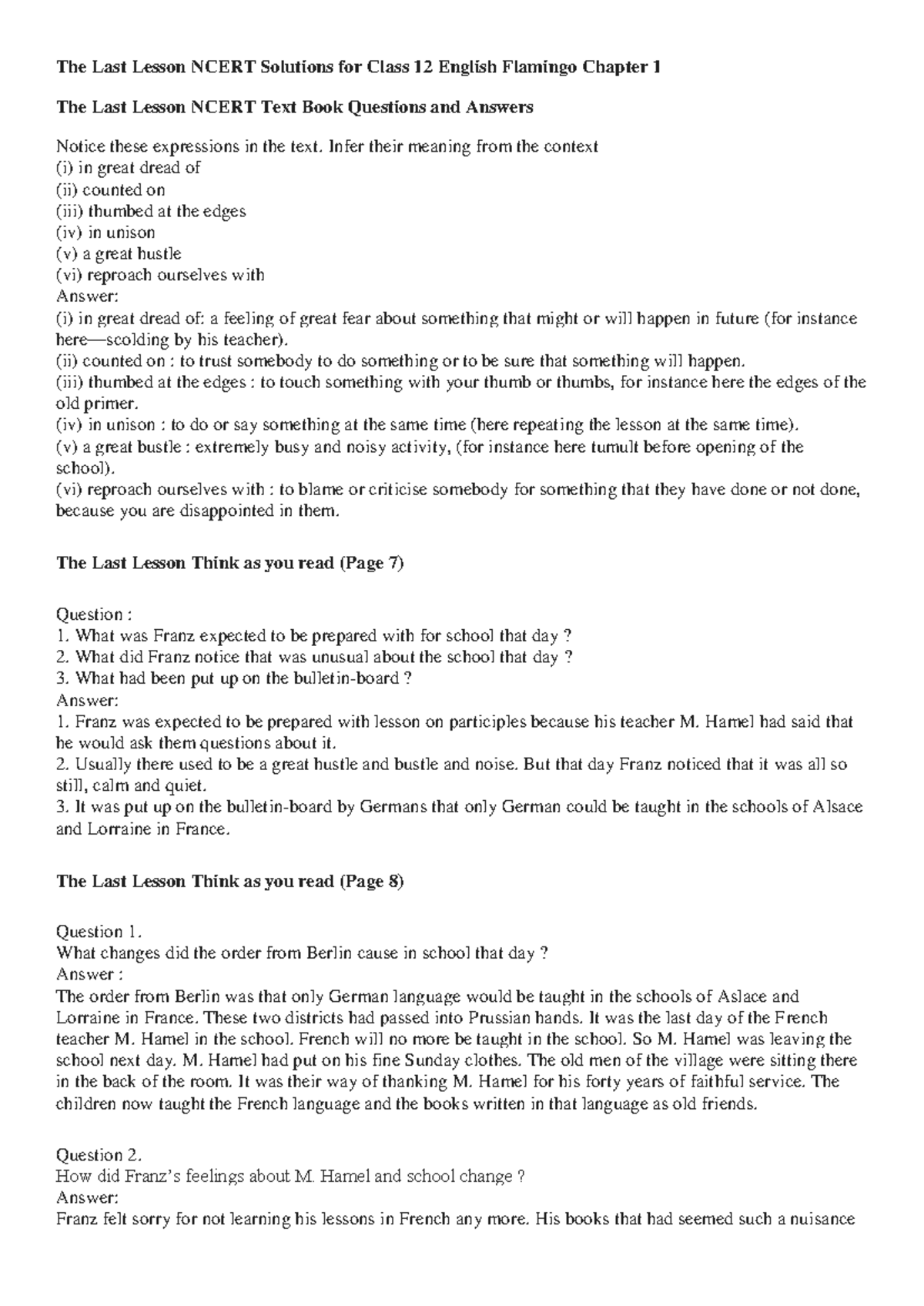 The last lesson - Chapter notes - The Last Lesson NCERT Solutions for ...