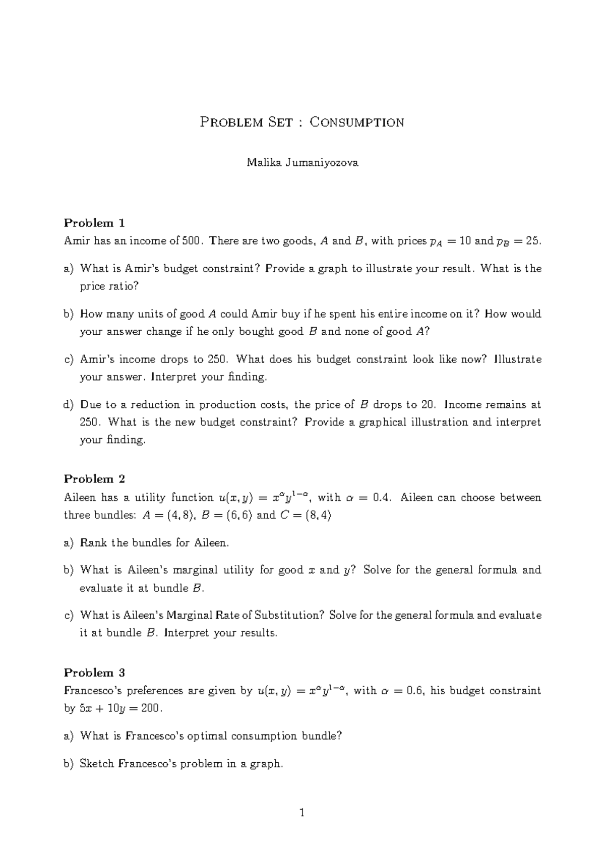 Economic Problem Set: Consumption & Utility Analysis (ECO 101) - Studocu