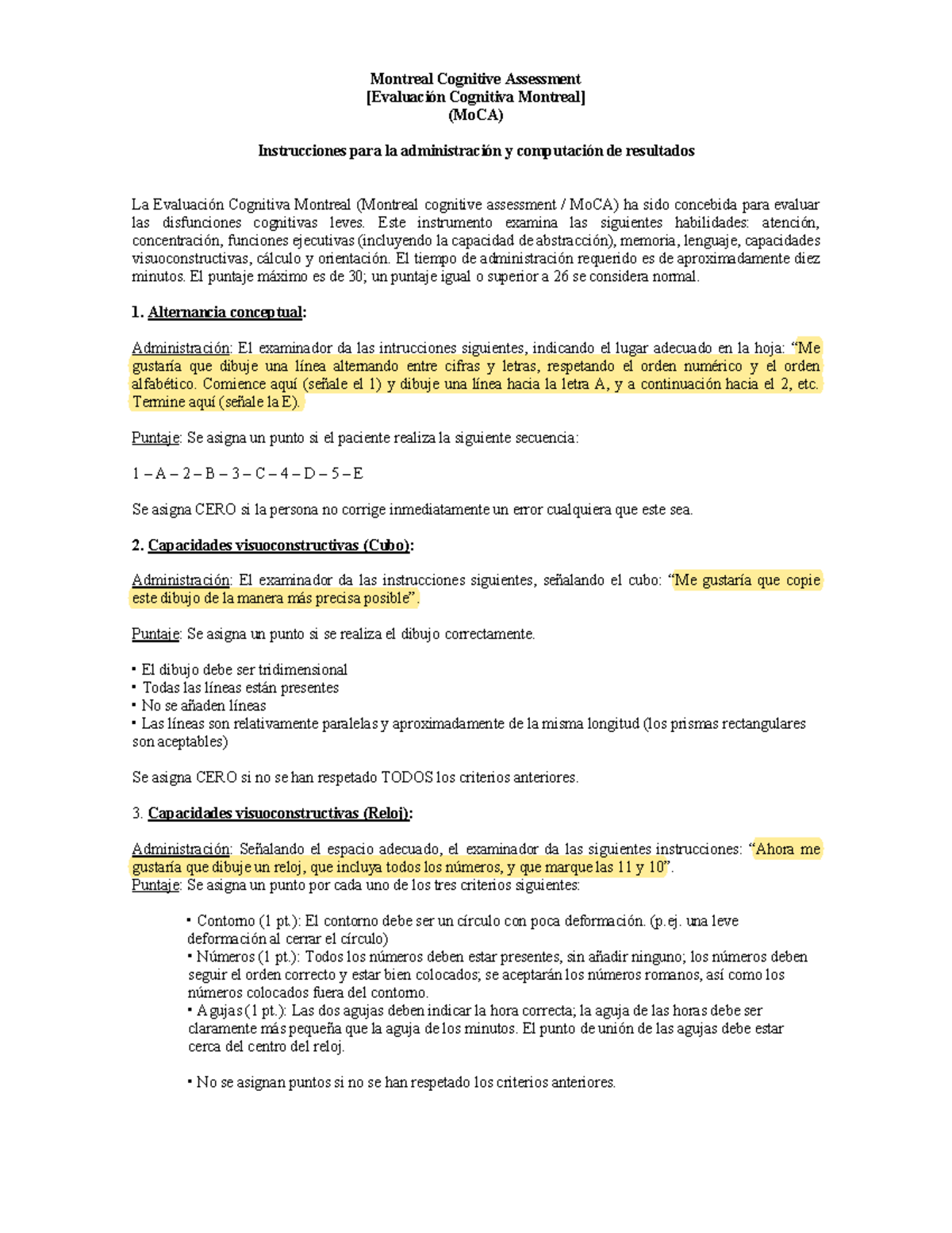 Instrucciones y Puntuación del MoCA (Montreal Cognitive Assessment ...