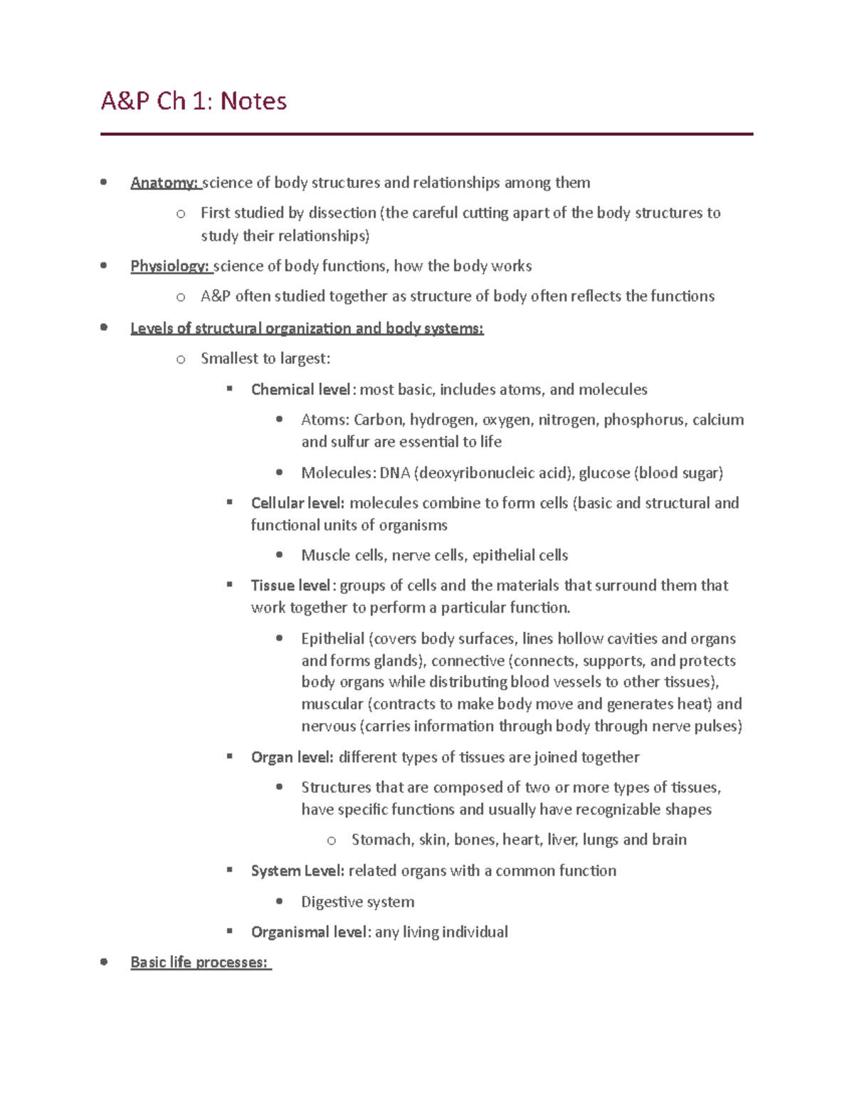 A&P ch 1 notes - A&P Ch 1: Notes Anatomy: science of body structures ...
