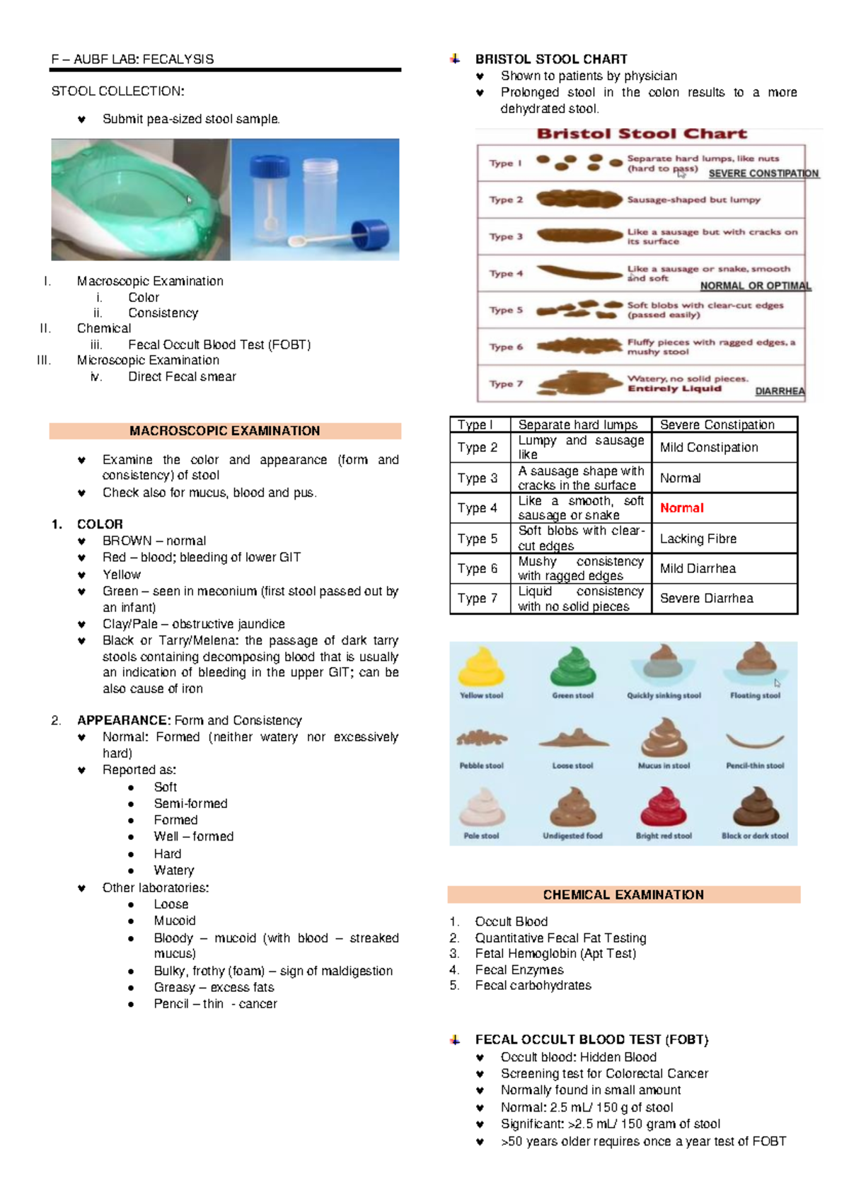 F - AUBF LAB: Comprehensive Guide to Fecalysis & Stool Analysis - Studocu