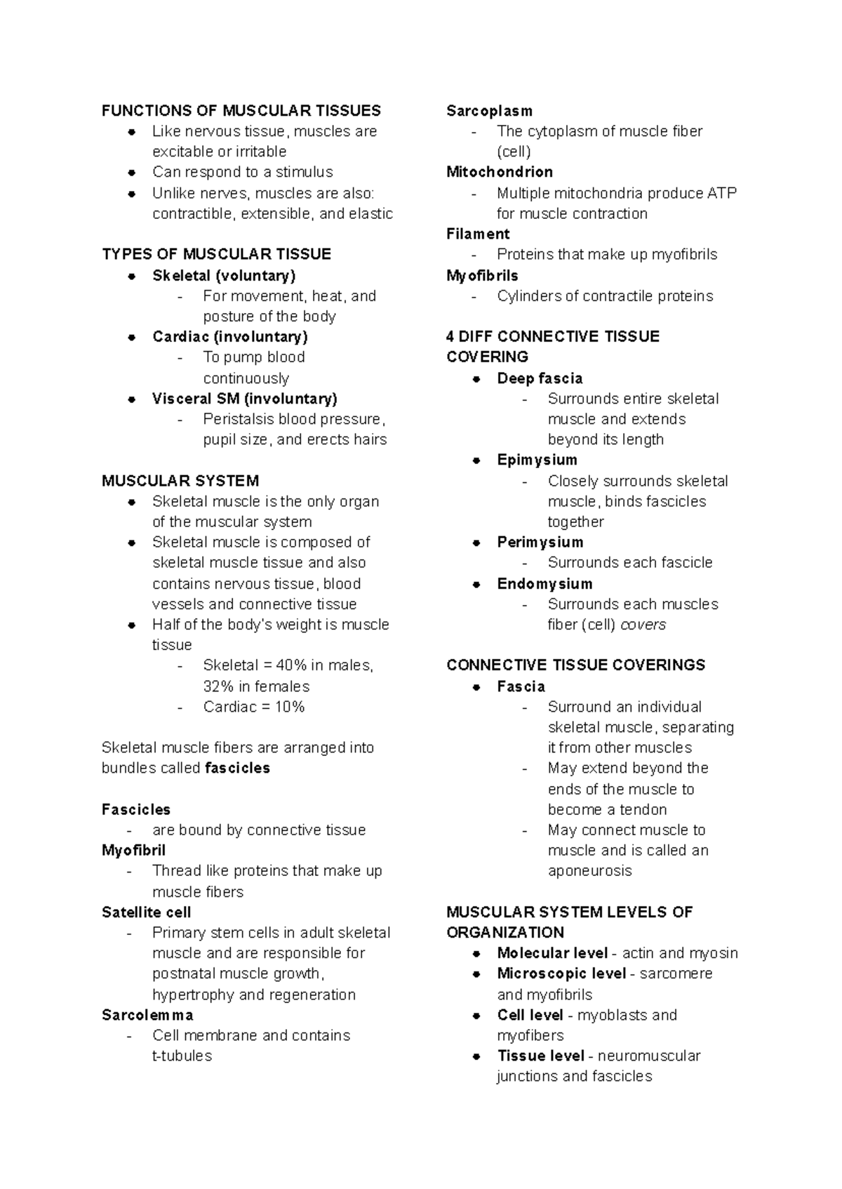 Muscular Tissue Functions and Characteristics (ANAPHY) - Reviewer - Studocu
