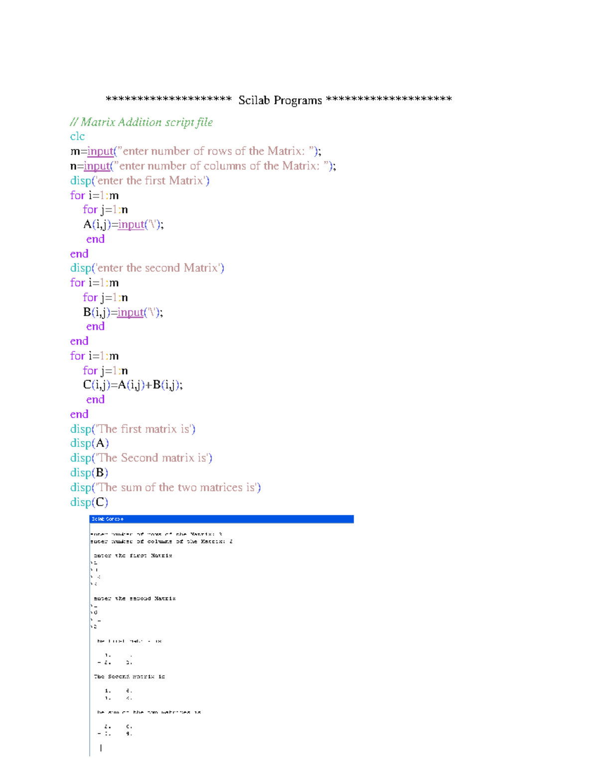 Scilab Programs for Matrix Operations and Data Analysis - Studocu