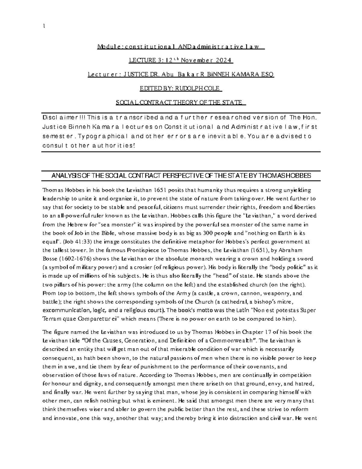 Constitutional & Administrative Law LECTURE 3: Social Contract Theory ...