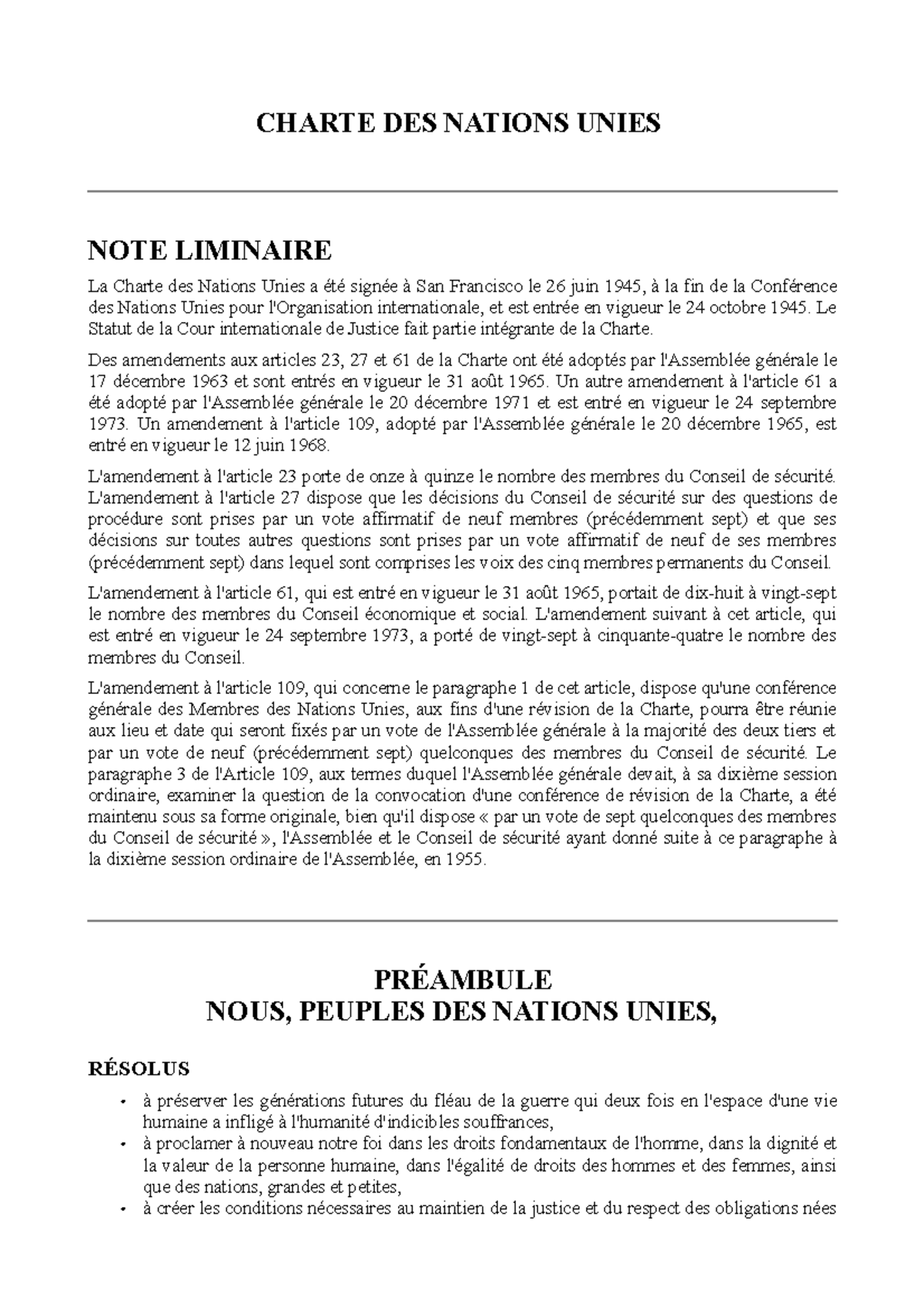 Charte des Nations Unies et Statut de la Cour Int. de Justice - Studocu