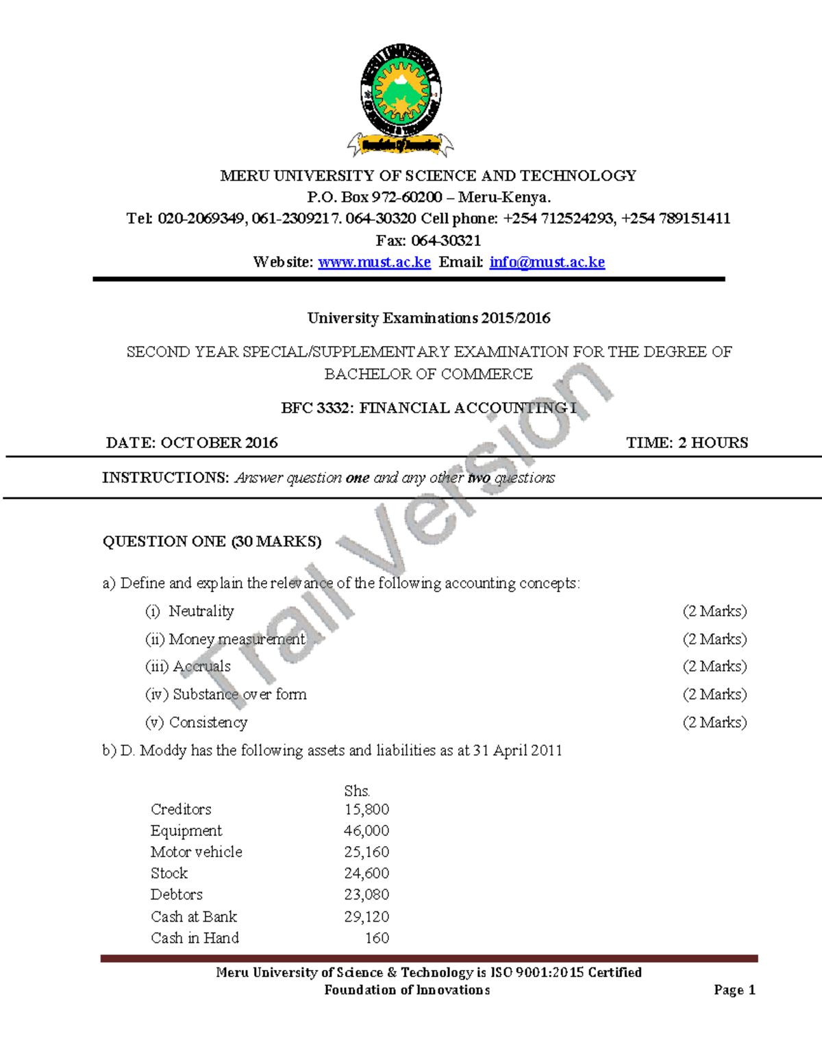 BFC 3125: Financial Accounting I - Practice Exam Papers - Studocu