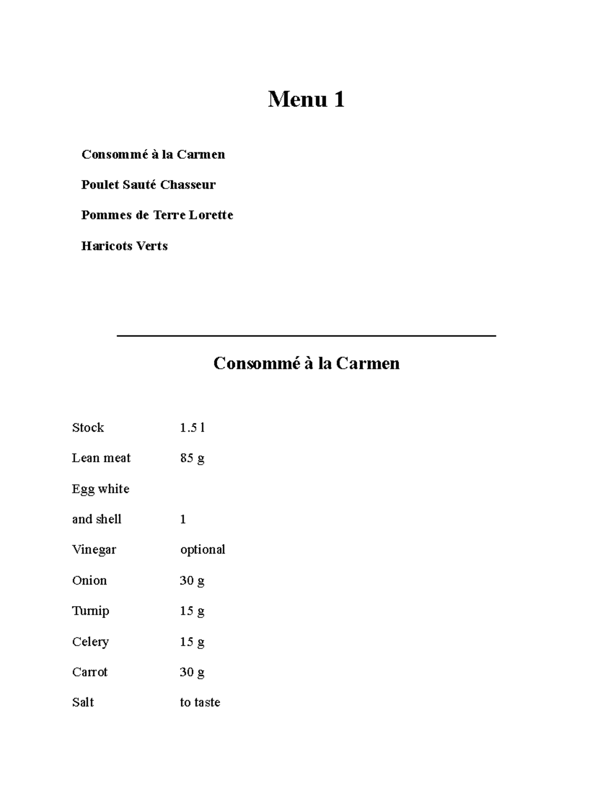 Food Production Menu 1 - Semester 5 Culinary Recipes - Studocu