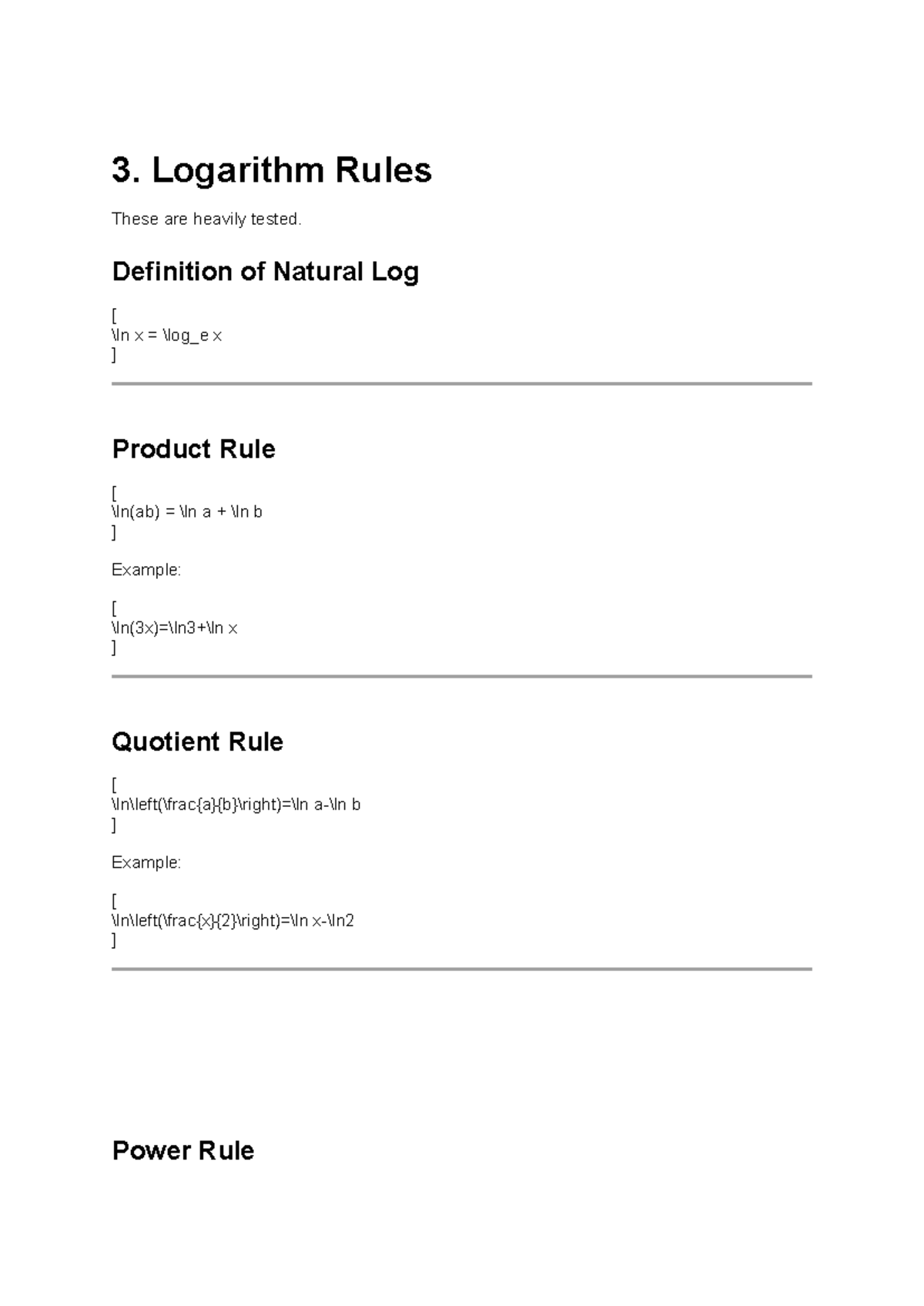 Log rules - notes - 3. Logarithm Rules These are heavily tested ...