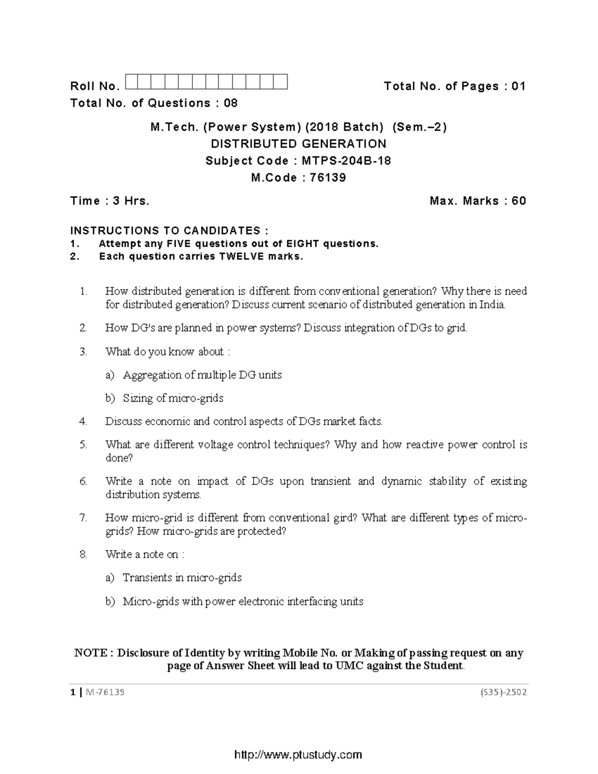 M.Tech. 2nd Sem PS Distributed Generation Exam Qs 76139 Nov 2019 - Studocu