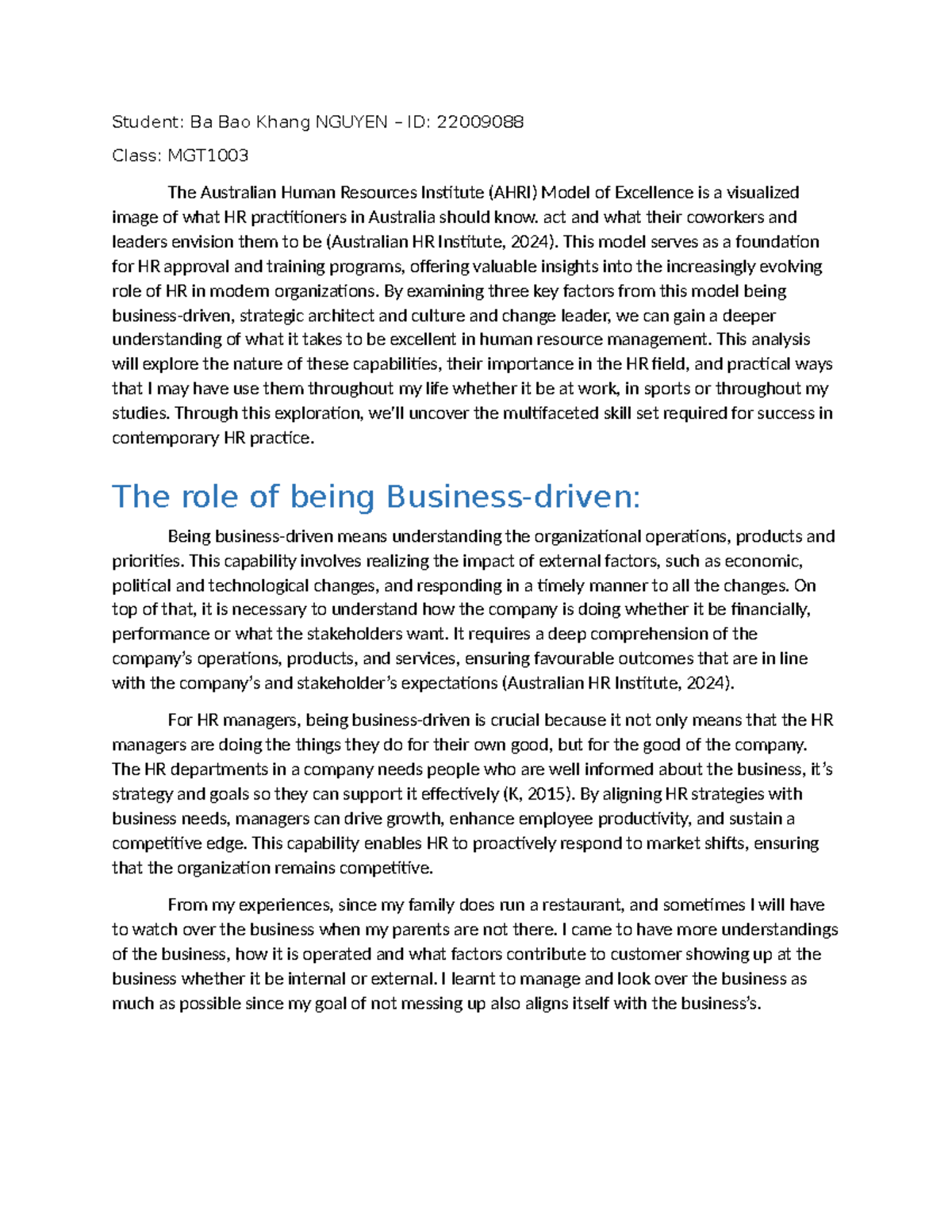 MGT1003 HR ASSI 1 - Exploring the AHRI Model of Excellence in HR - Studocu