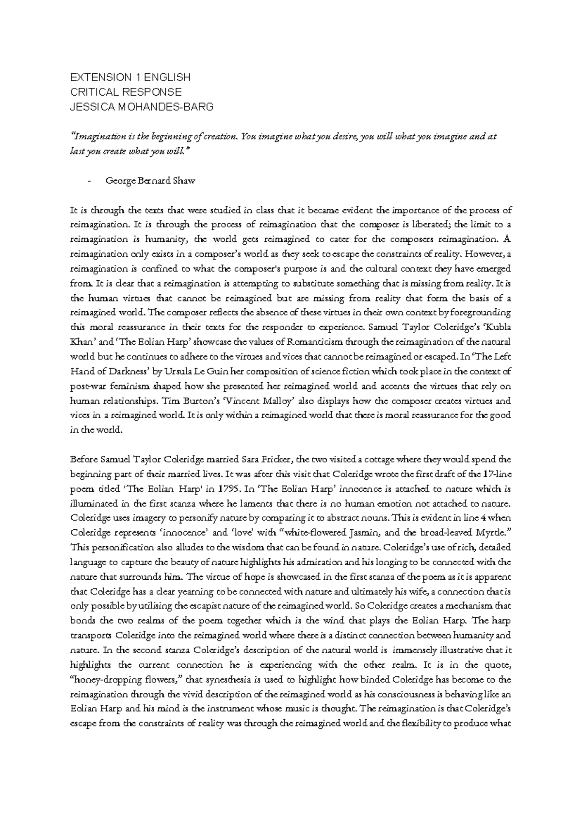 Extension 1 English Assignment: Critical Response on Reimagination ...