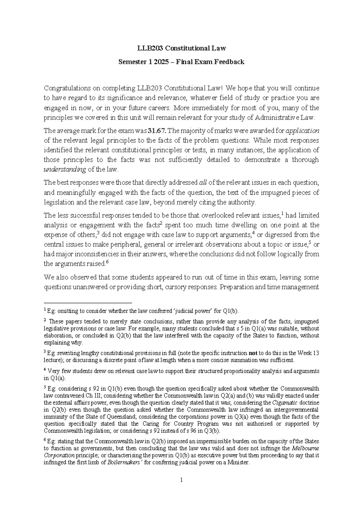 LLB203 Constitutional Law Semester 1 2025 Final Exam Feedback - Studocu