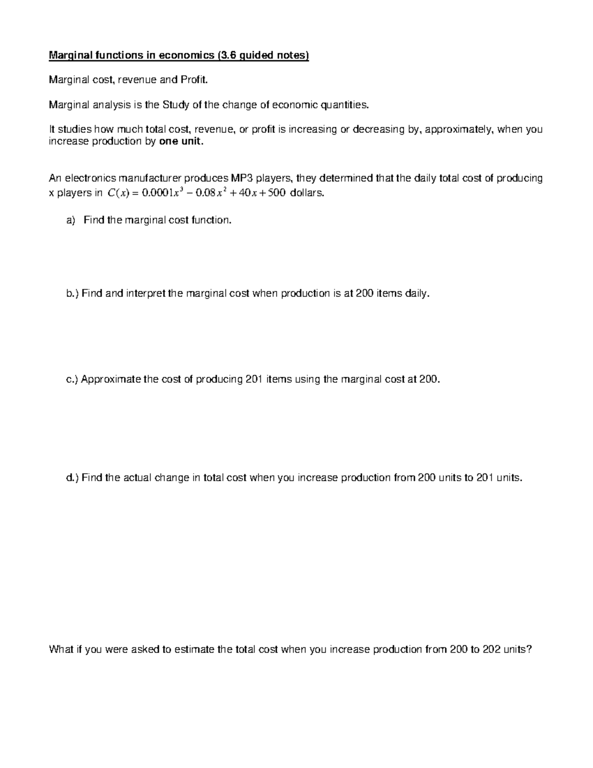 3.6 Guided Notes: Marginal Functions in Economics Analysis - Studocu