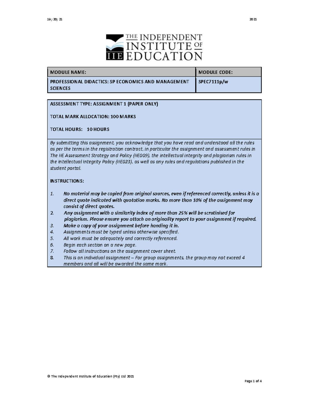 Assignment 1 ems - ems - © The Independent Institute of Education (Pty ...