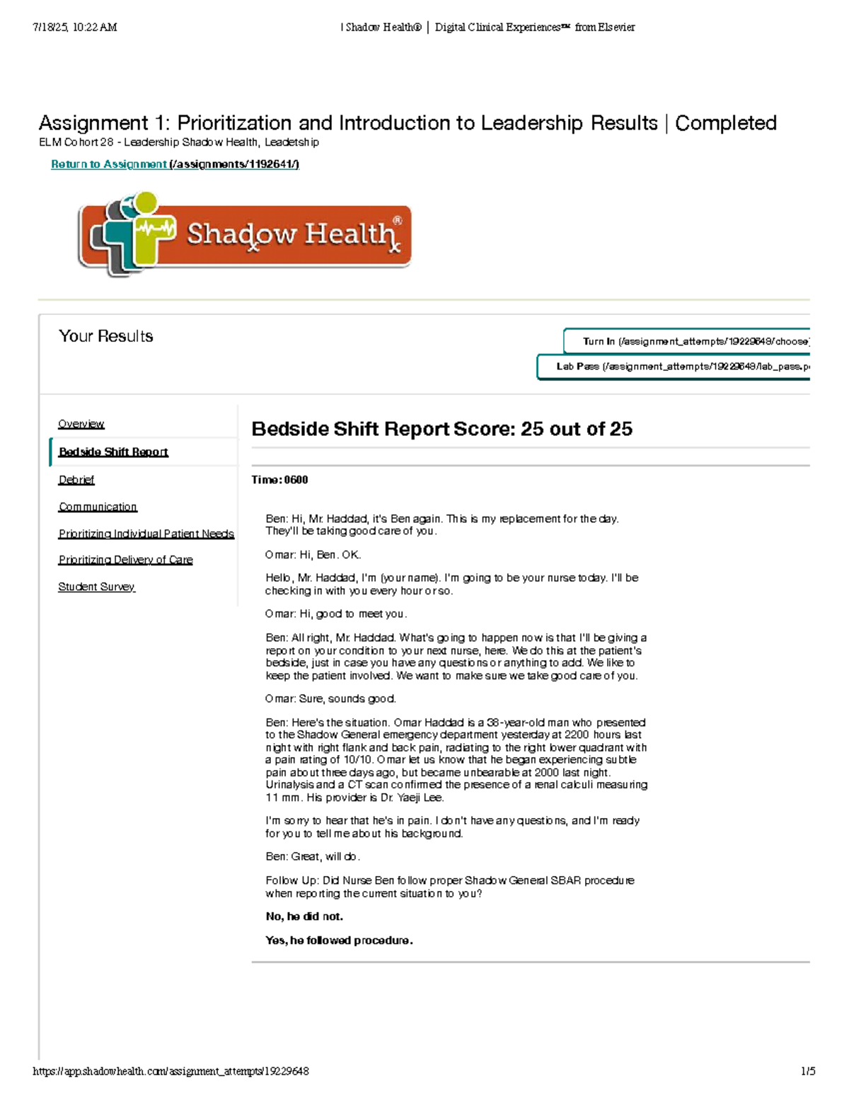 Shadow Health ELM Cohort 28 Assignment 1: Bedside Report Analysis - Studocu