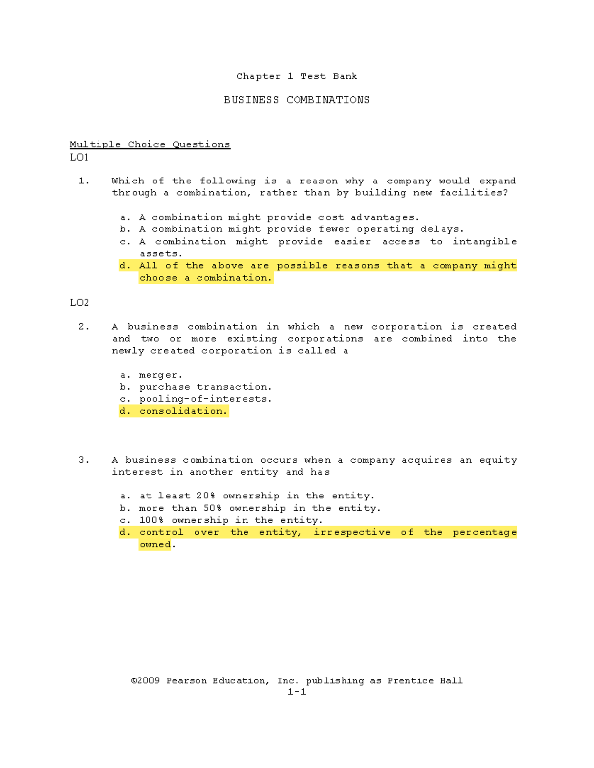 Buscom 111 Chapter 1 Test Bank: Business Combinations MCQs - Studocu