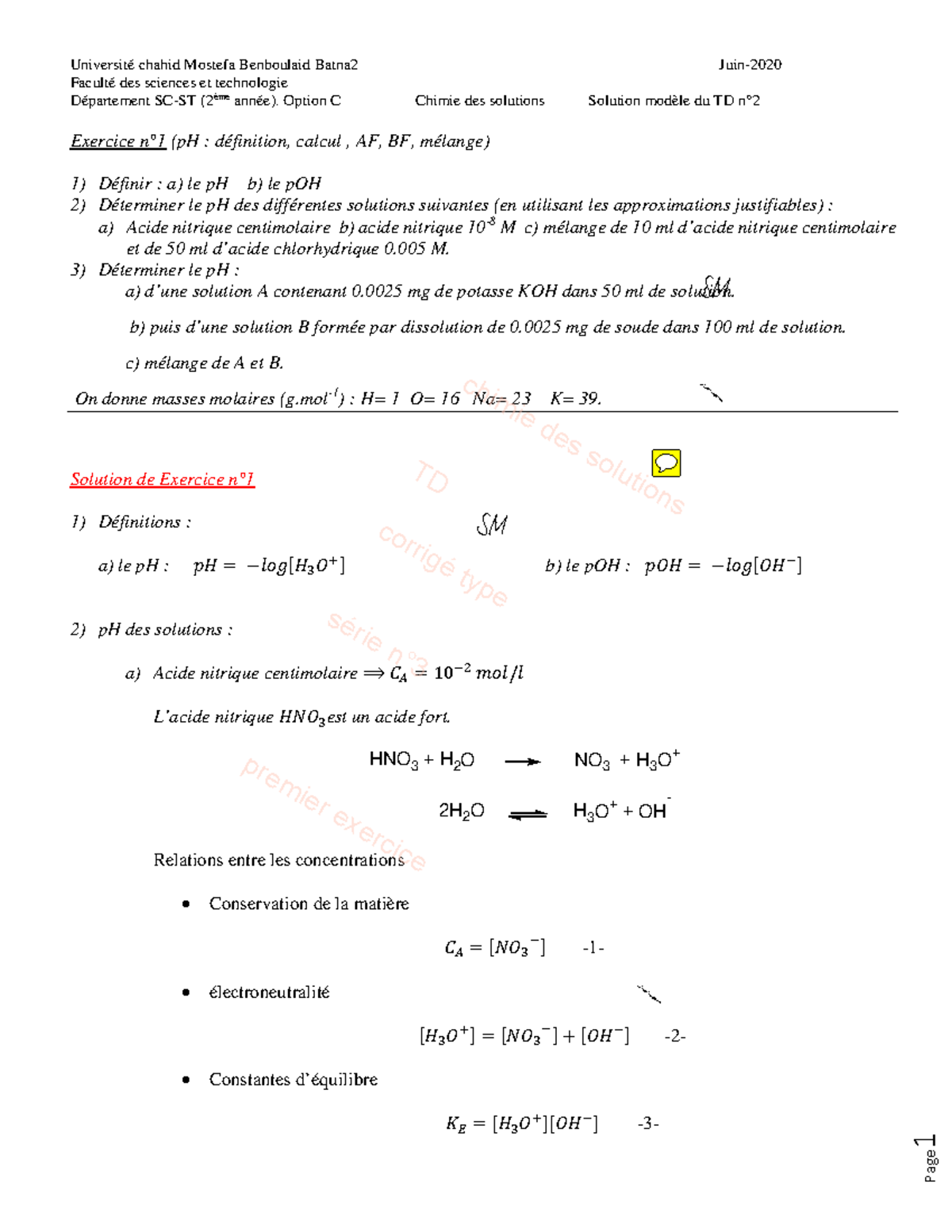 TD Corrigé n°3 - Chimie des Solutions (2ème année, Option C) - Studocu
