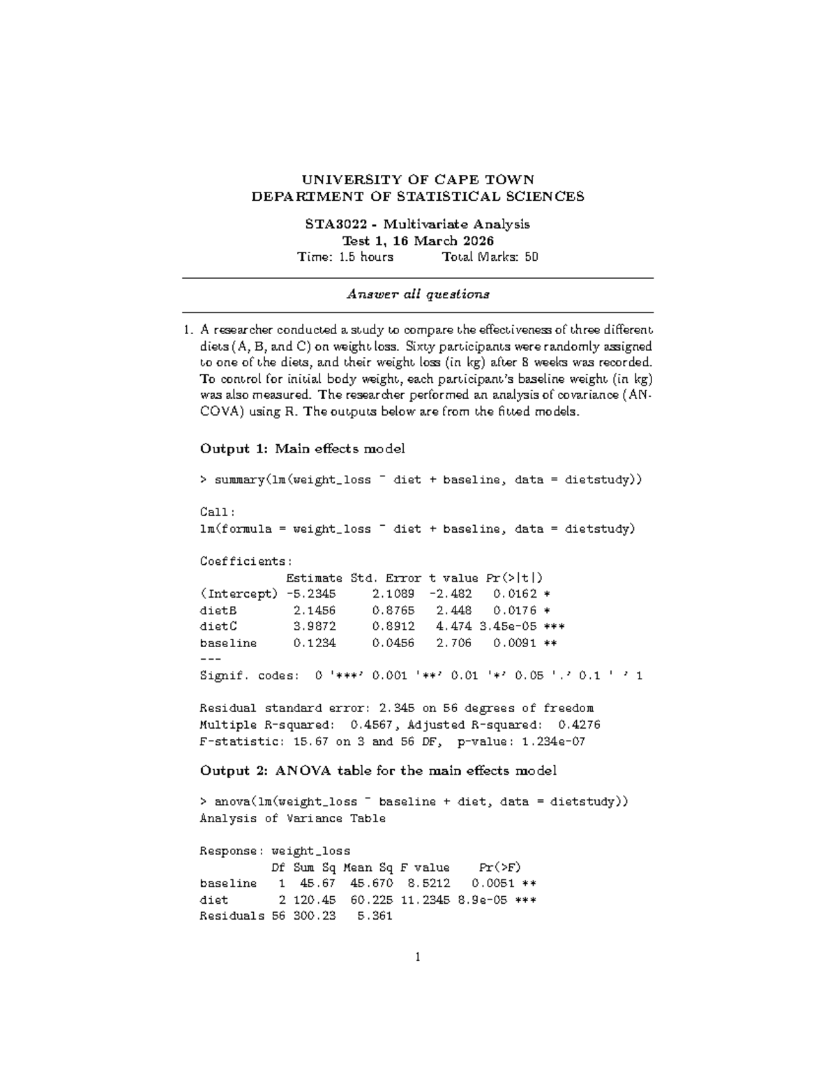 STA3022 Multivariate Analysis Test 1 Solutions - March 2026 - Studocu