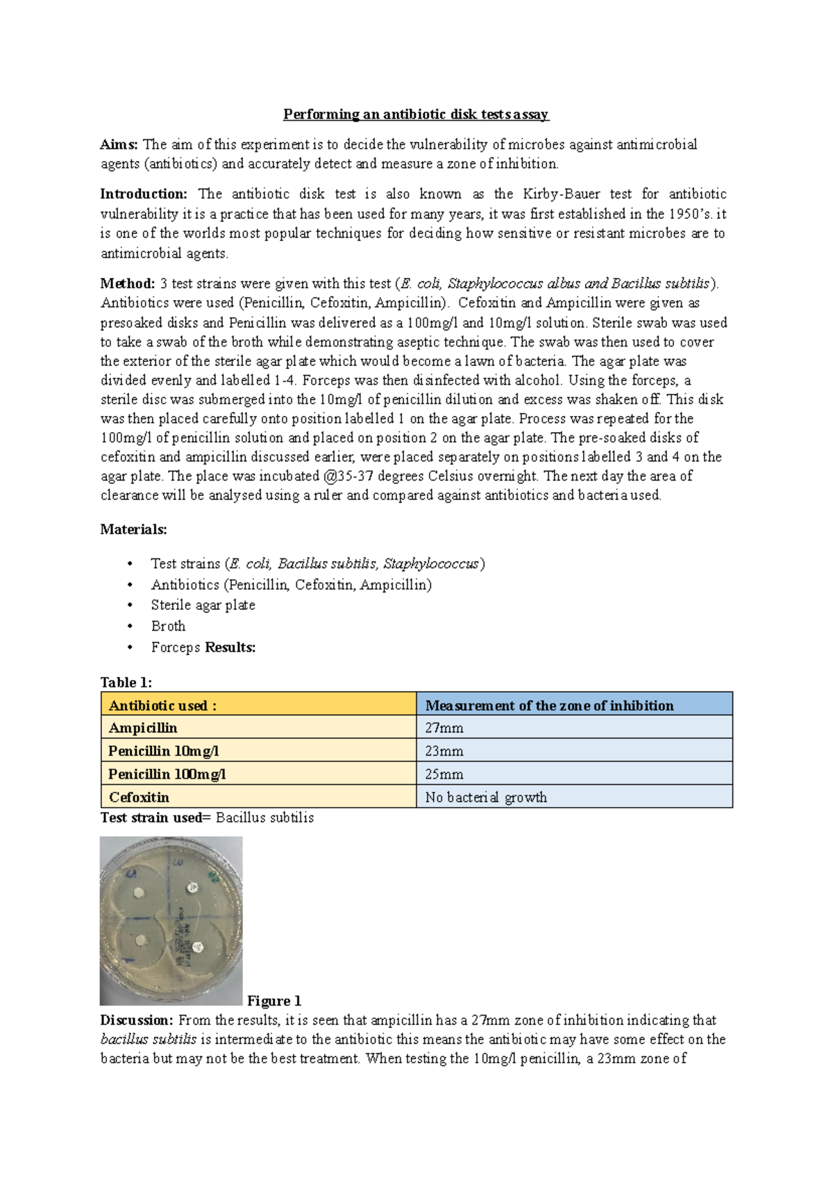 LAB Report: Antibiotic Disk Test - Kirby-Bauer Method Evaluation - Studocu
