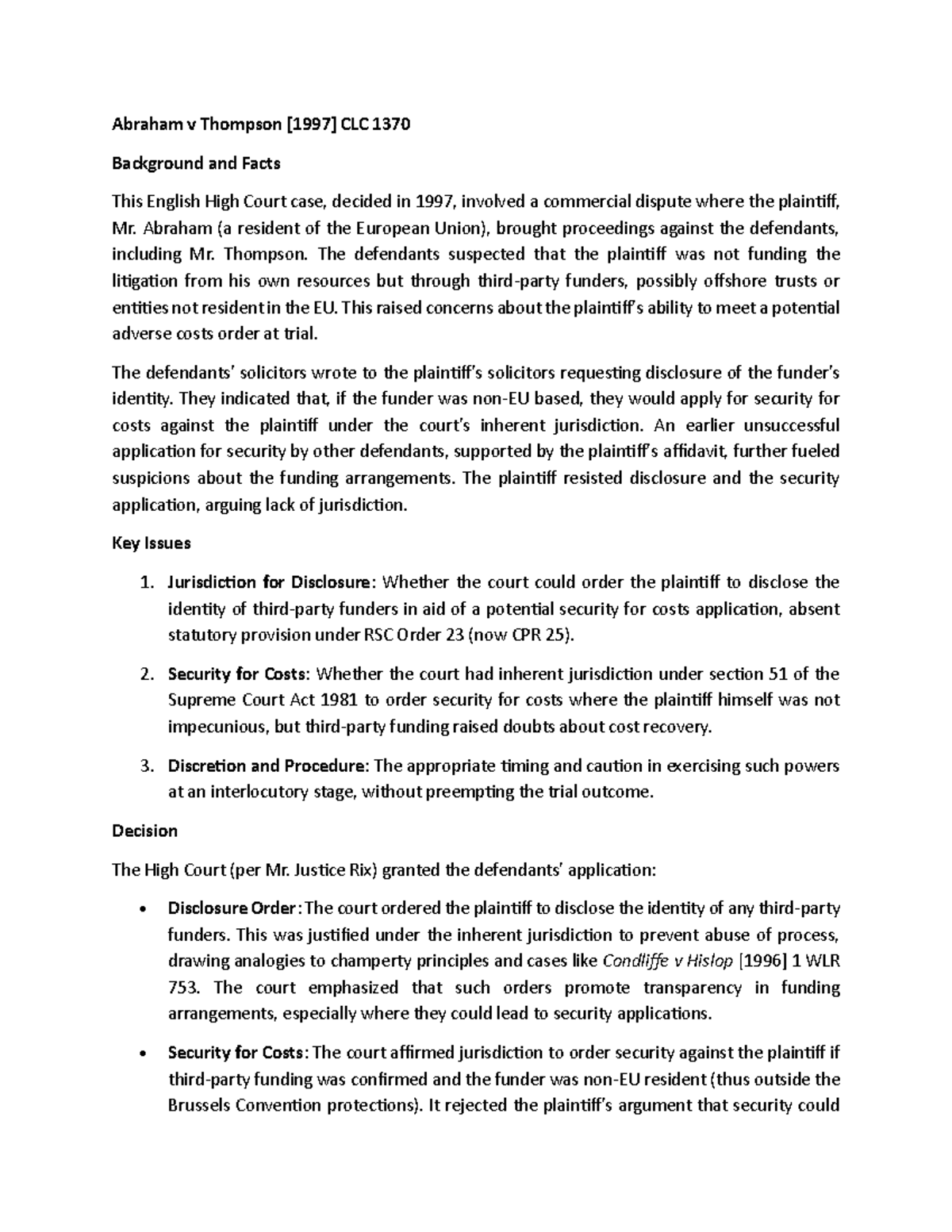 Abraham v Thompson CLC 1370 Case Law Summary and Key Issues - Studocu