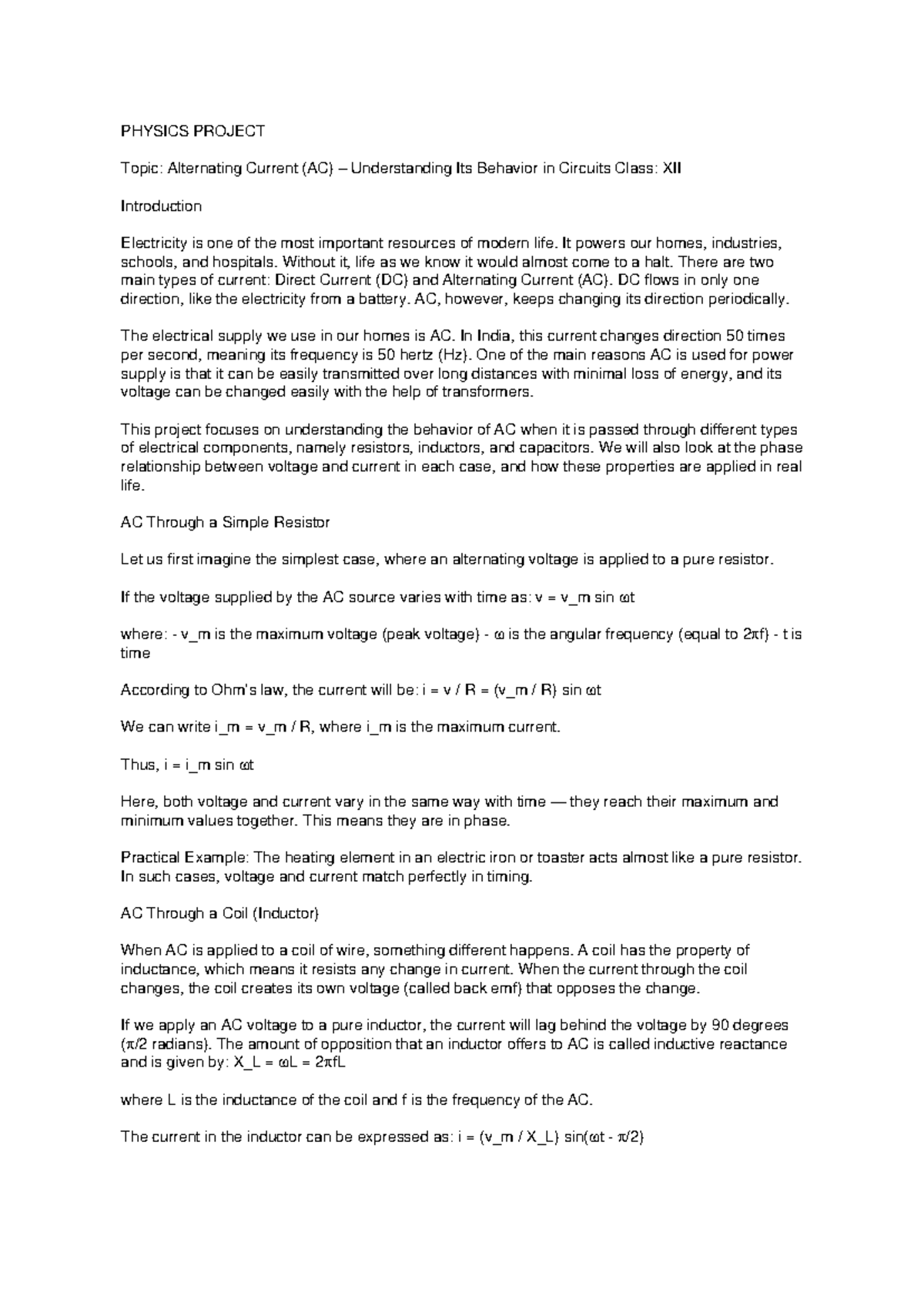 PHYSICS XII Project: Understanding Alternating Current (AC) Behavior ...