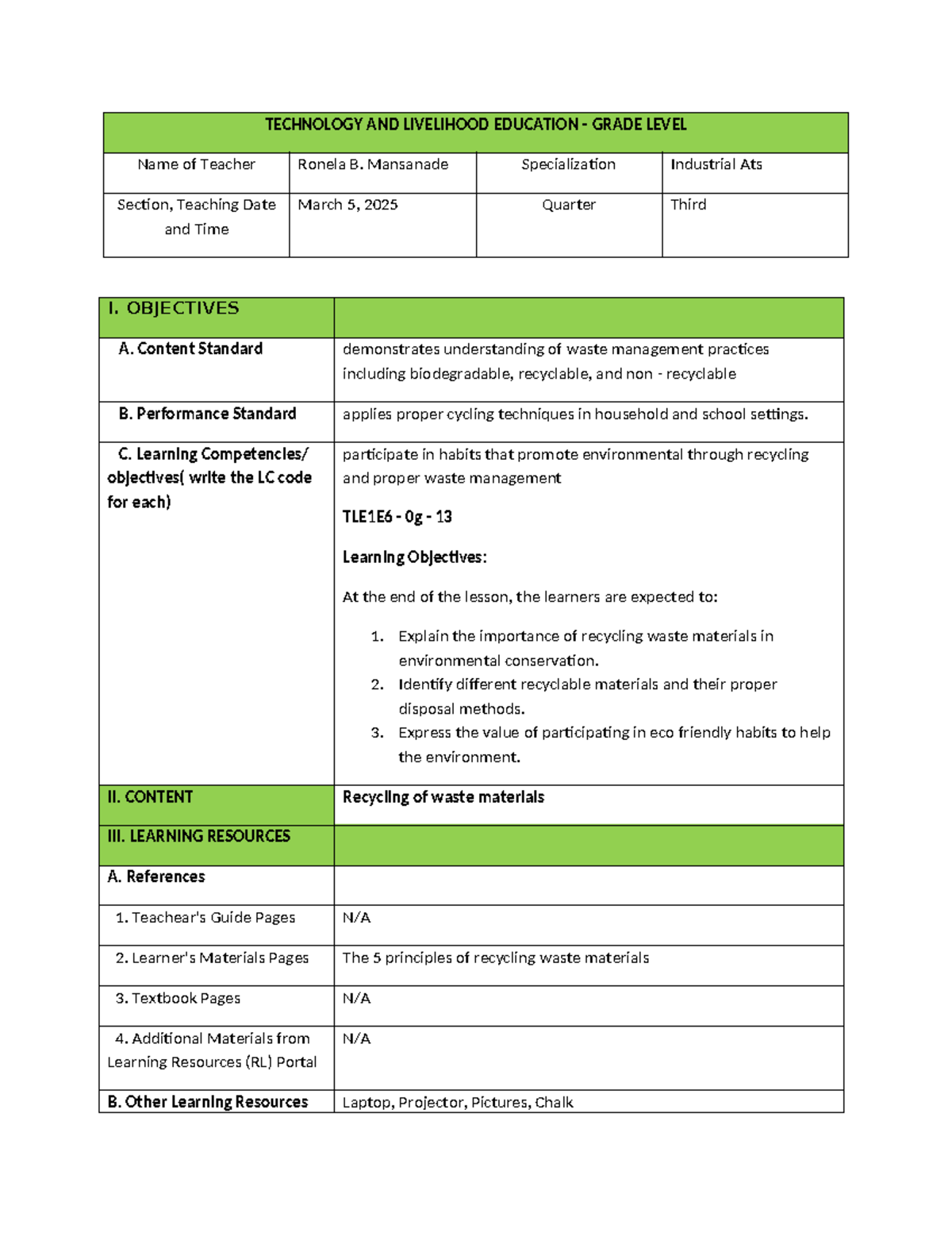 TLE1E6 0g 13 Lesson plan on waste management and recycling practices ...