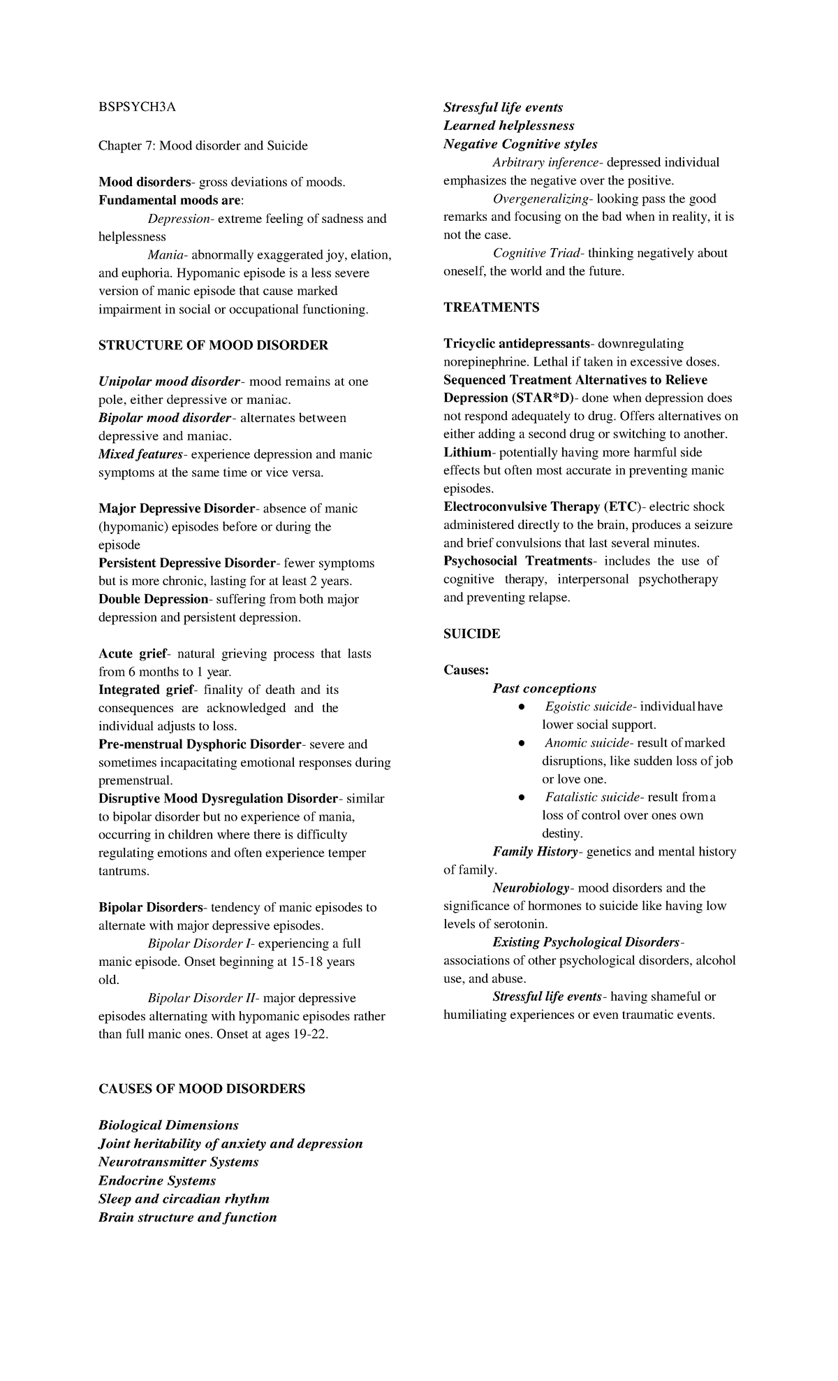 Chap 7 Summary: Mood Disorders & Suicide - BSPSYCH3A - Studocu