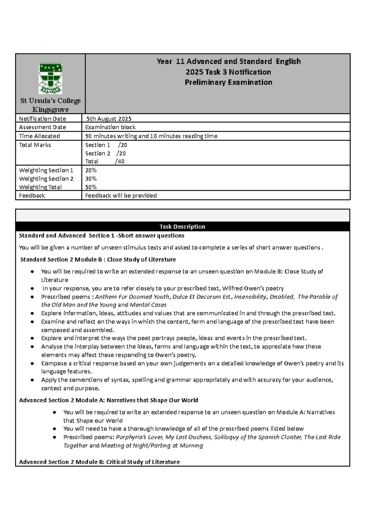 Year 11 Advanced & Standard English 2025 Task 3 Exam Notification - Studocu