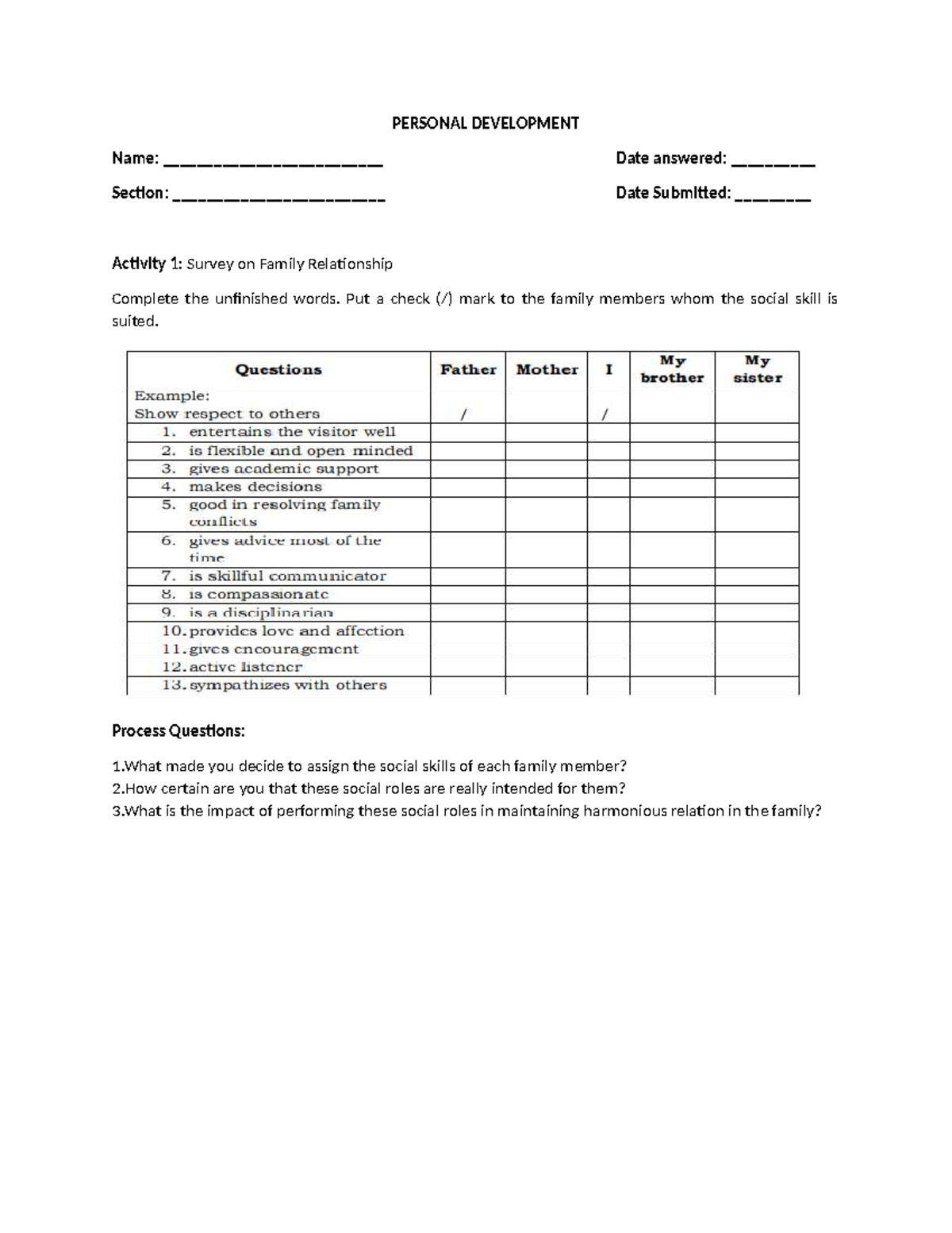 Activity family, community and school - PERSONAL DEVELOPMENT Name
