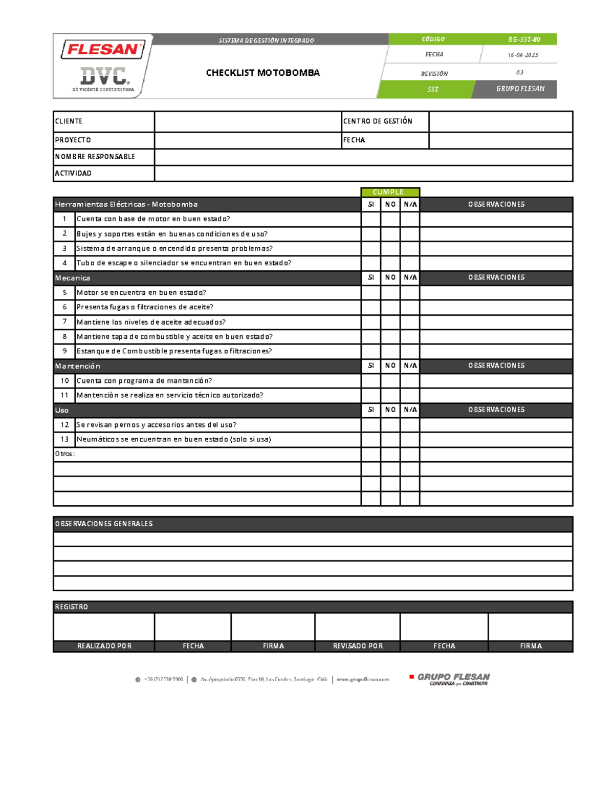 RG-SST-80 Checklist de Inspección para Motobombas - Studocu