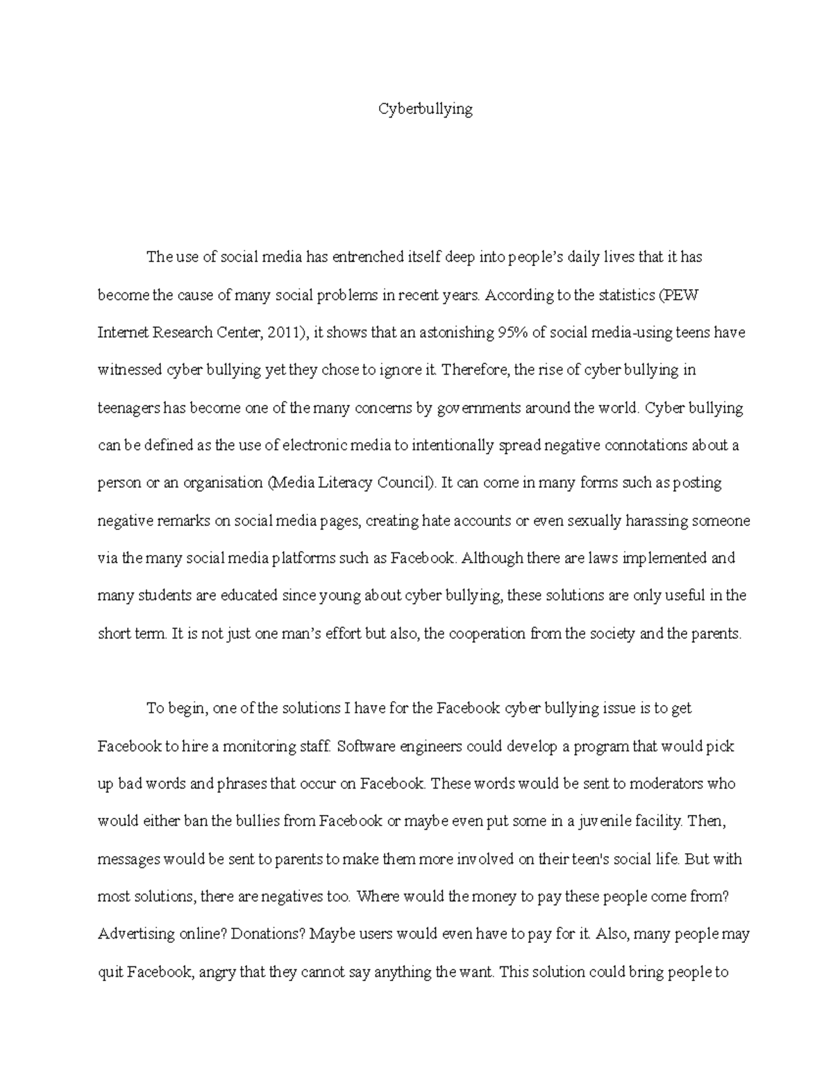 Cyberbullying - This is an essay - Cyberbullying The use of social ...