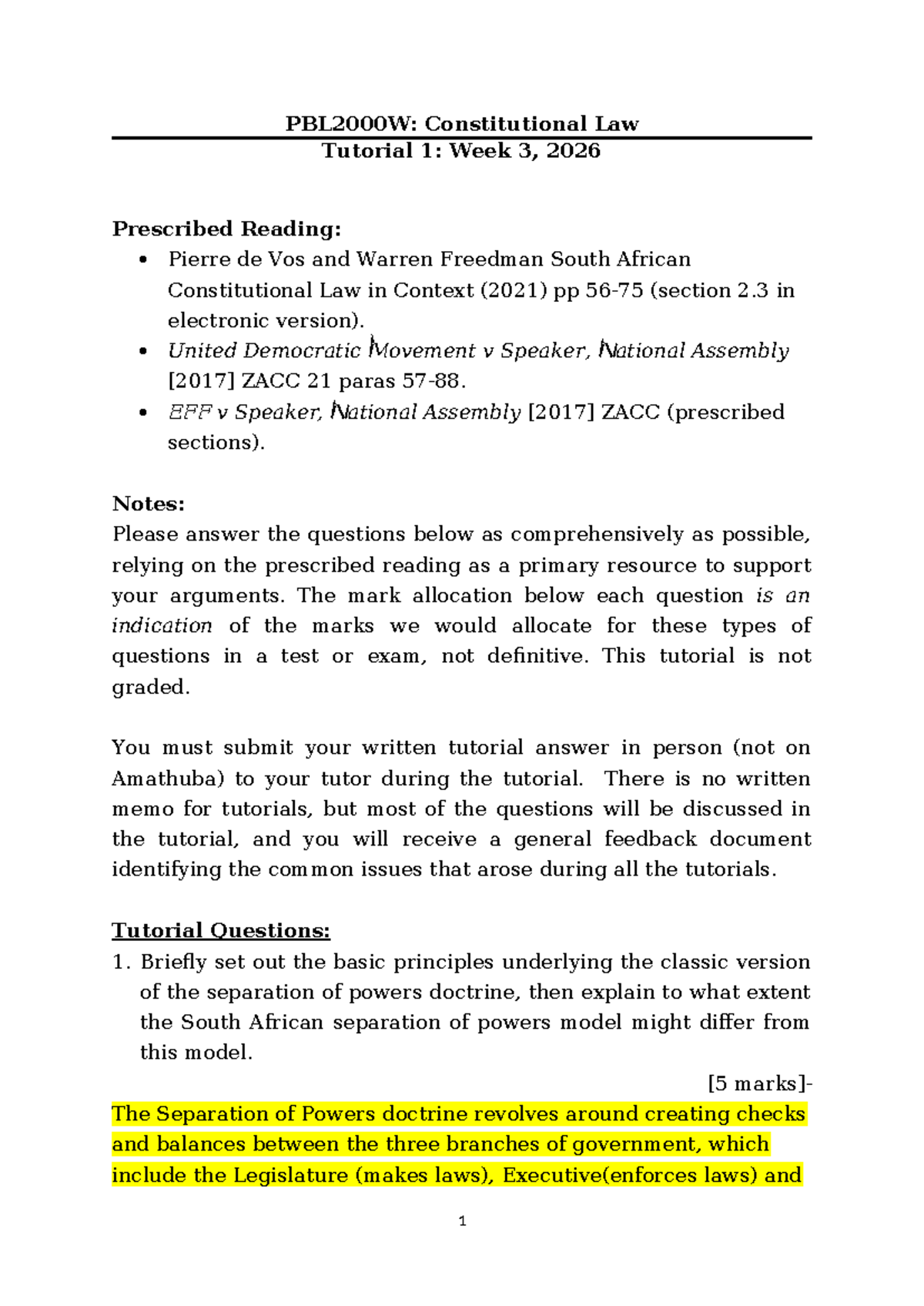 Constitutional Law Tutorial 1: Week 3 Analysis & Key Concepts (2026 ...