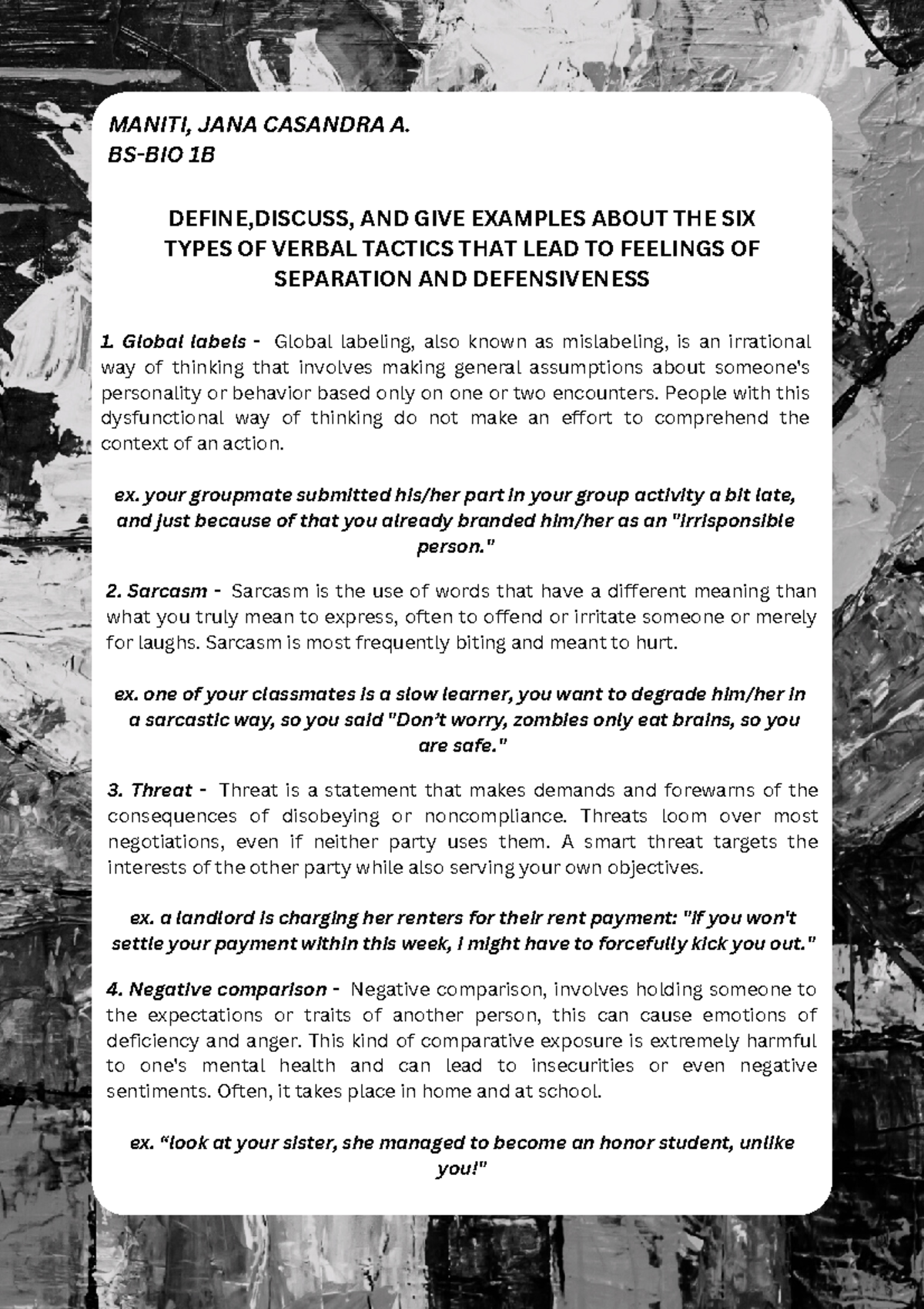 Verbal Tactics of Separation: Definition & Examples (BS-BIO 1B) - Studocu