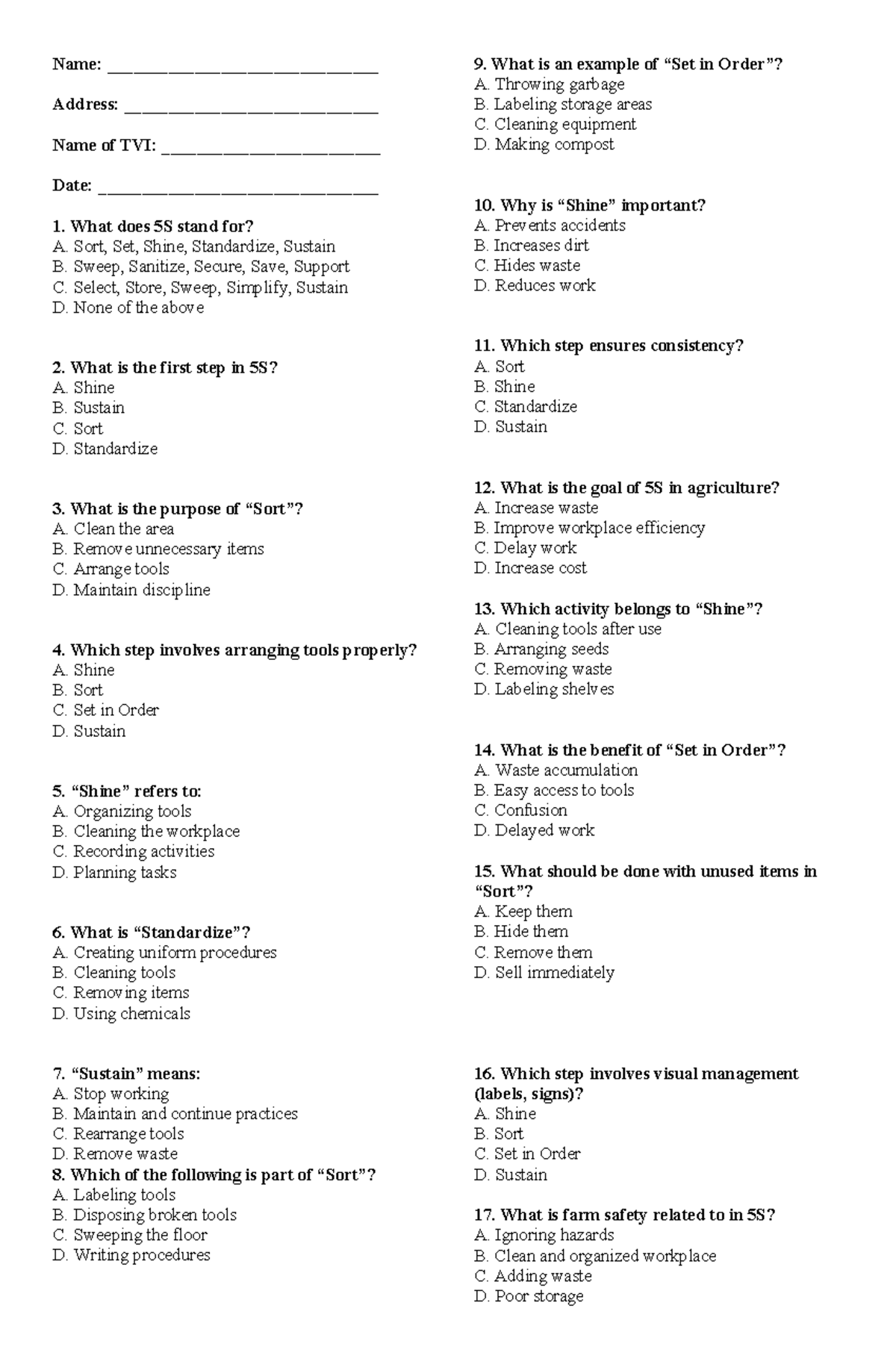 5S Test Questions and Answers - Course Code: 5S101 - Studocu