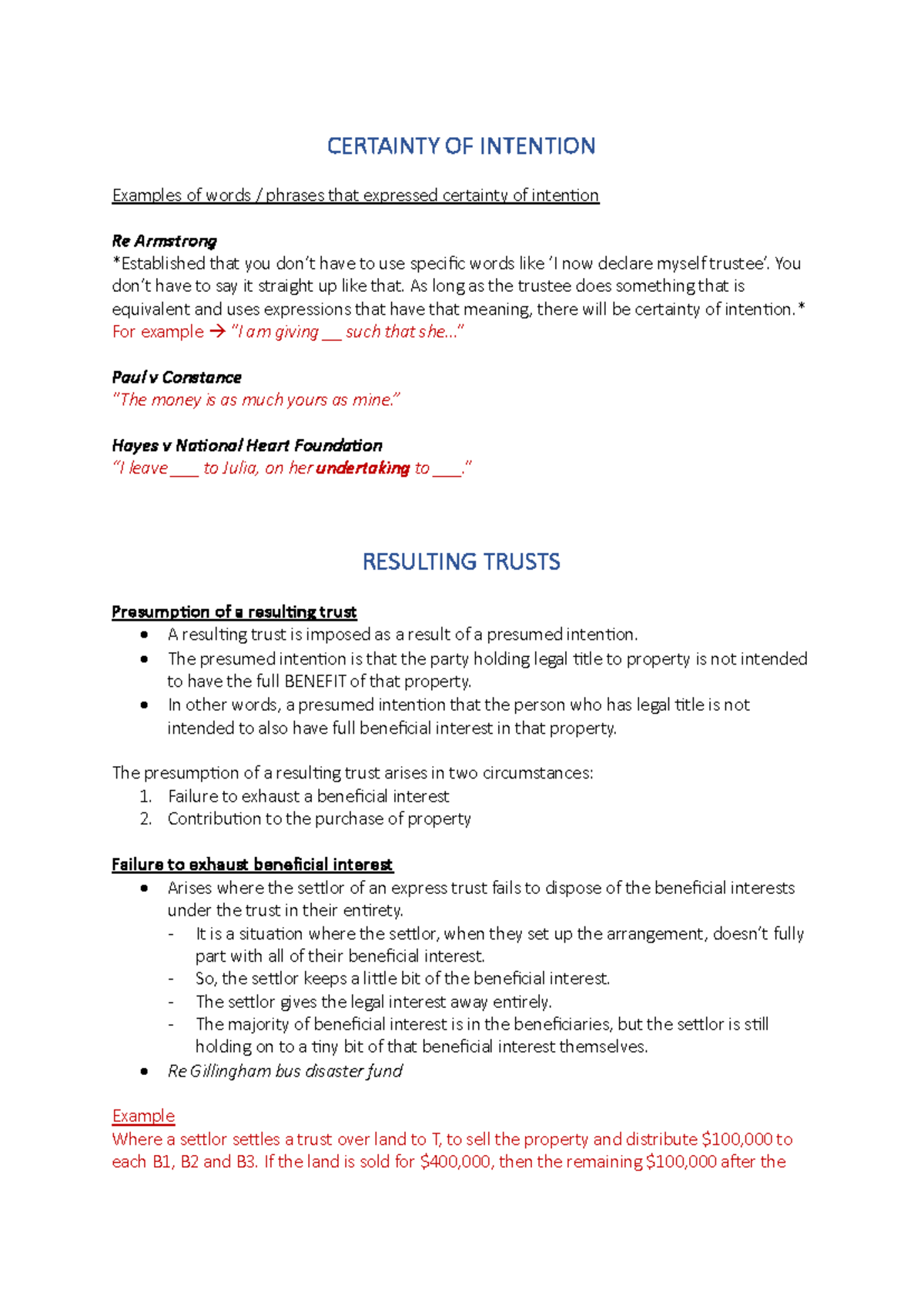 Equity EXAM Guide - CERTAINTY OF INTENTION Examples of words / phrases ...