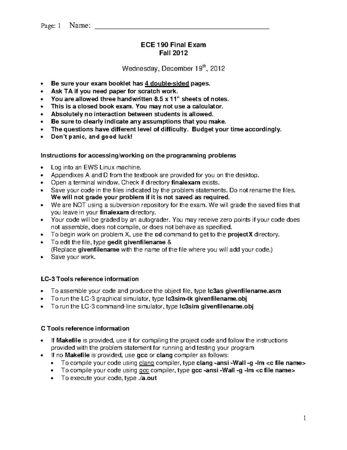 ECE 190 Final Exam Practice Questions - Fall 2012 - Studocu